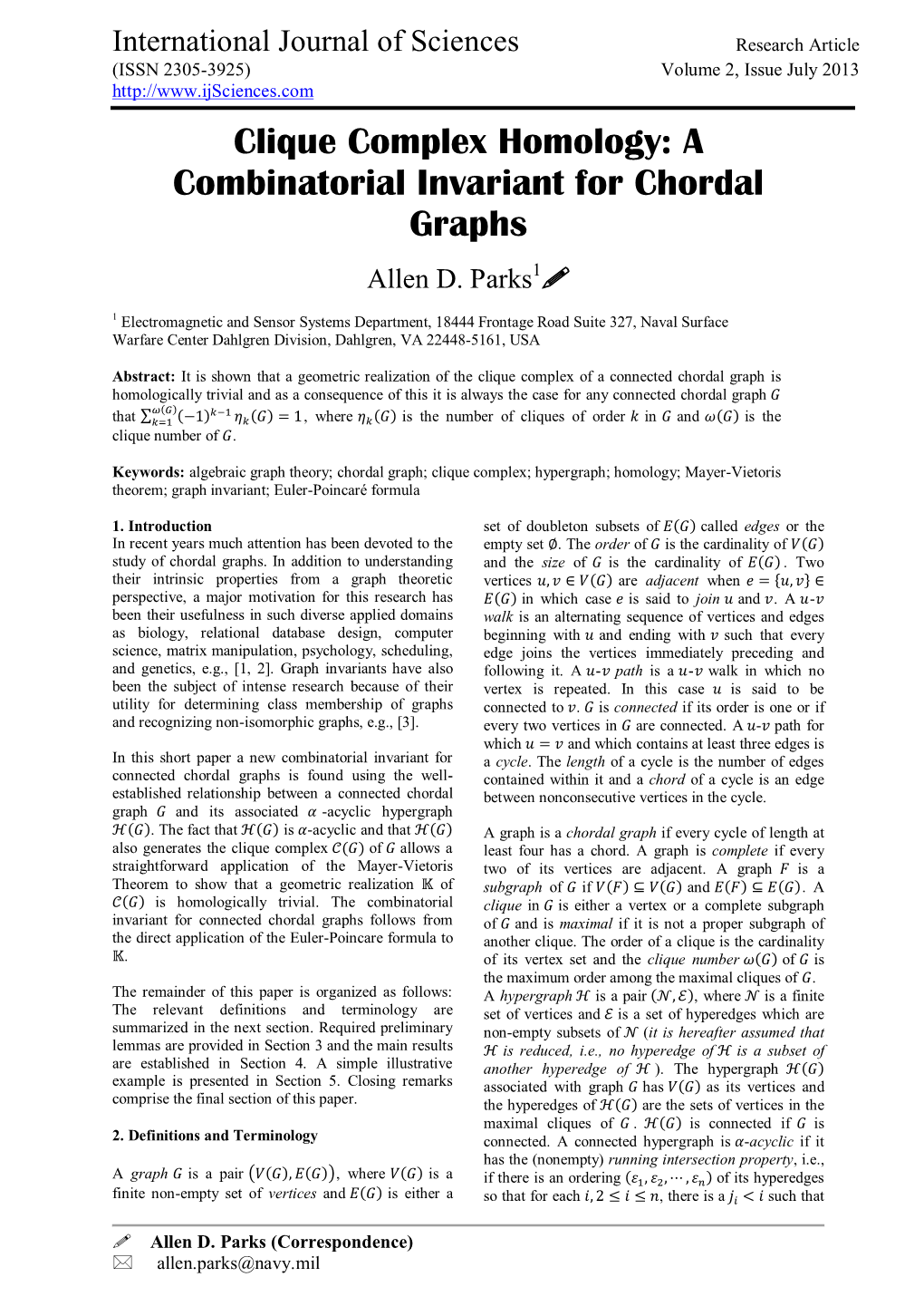 Clique Complex Homology: a Combinatorial Invariant for Chordal Graphs Allen D