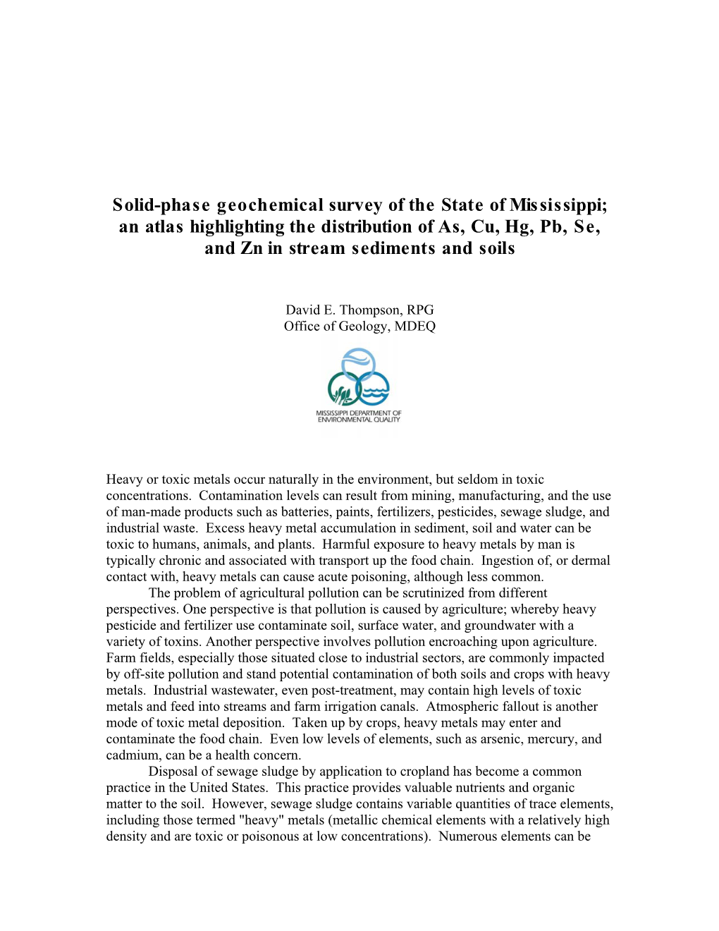 Mississippi Atlas for Potentially Toxic Elements