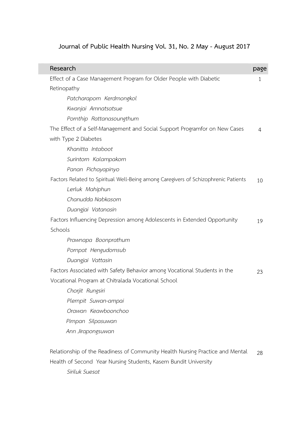 Journal of Public Health Nursing Vol. 31, No. 2 May - August 2017