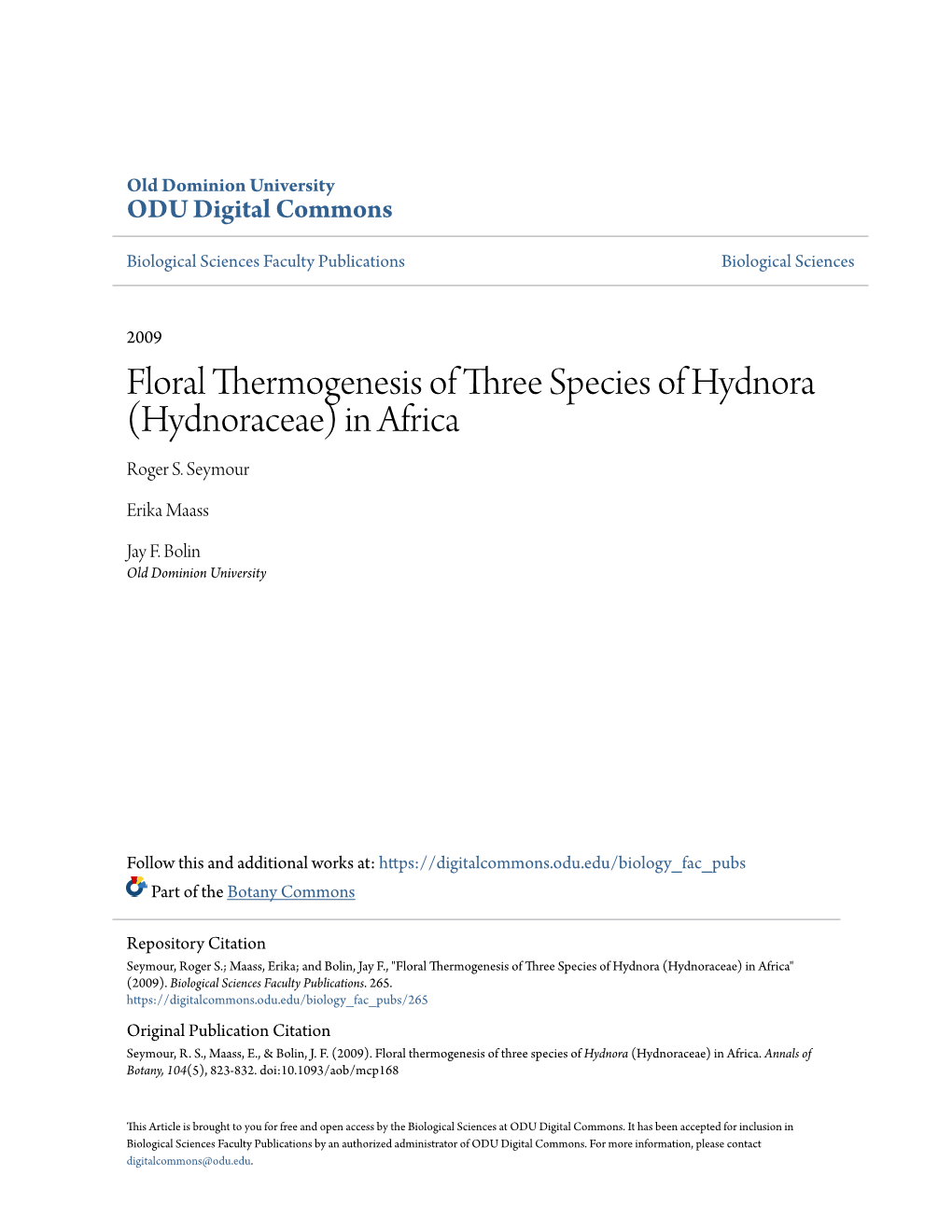 Floral Thermogenesis of Three Species of Hydnora (Hydnoraceae) in Africa Roger S