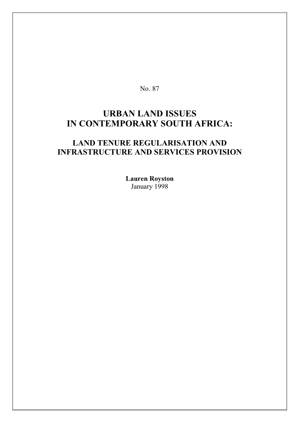 Urban Land Issues in Contemporary South Africa