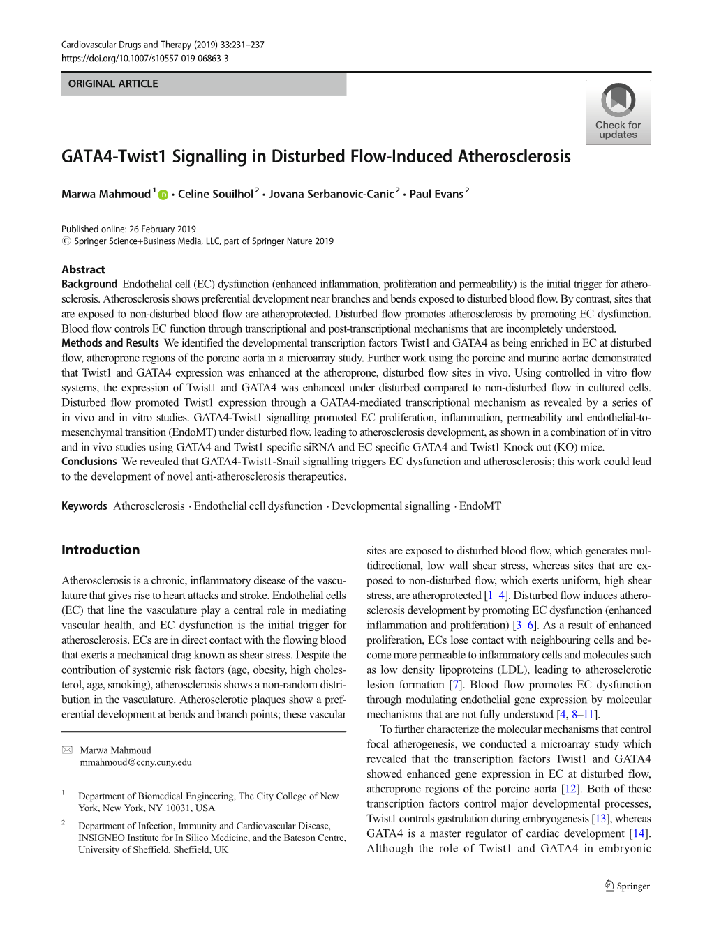 GATA4-Twist1 Signalling in Disturbed Flow-Induced Atherosclerosis