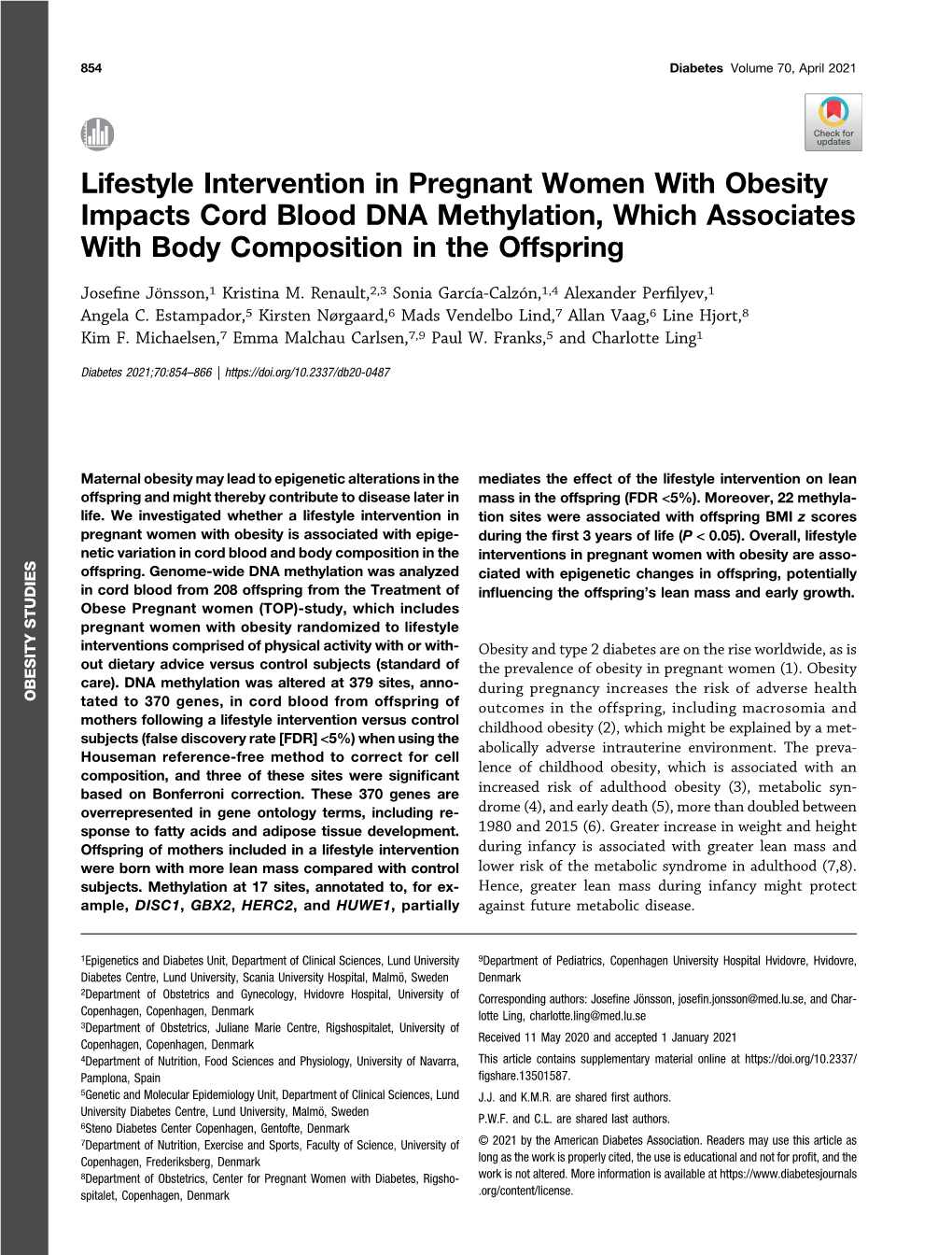Lifestyle Intervention in Pregnant Women with Obesity Impacts Cord Blood DNA Methylation, Which Associates with Body Composition in the Offspring