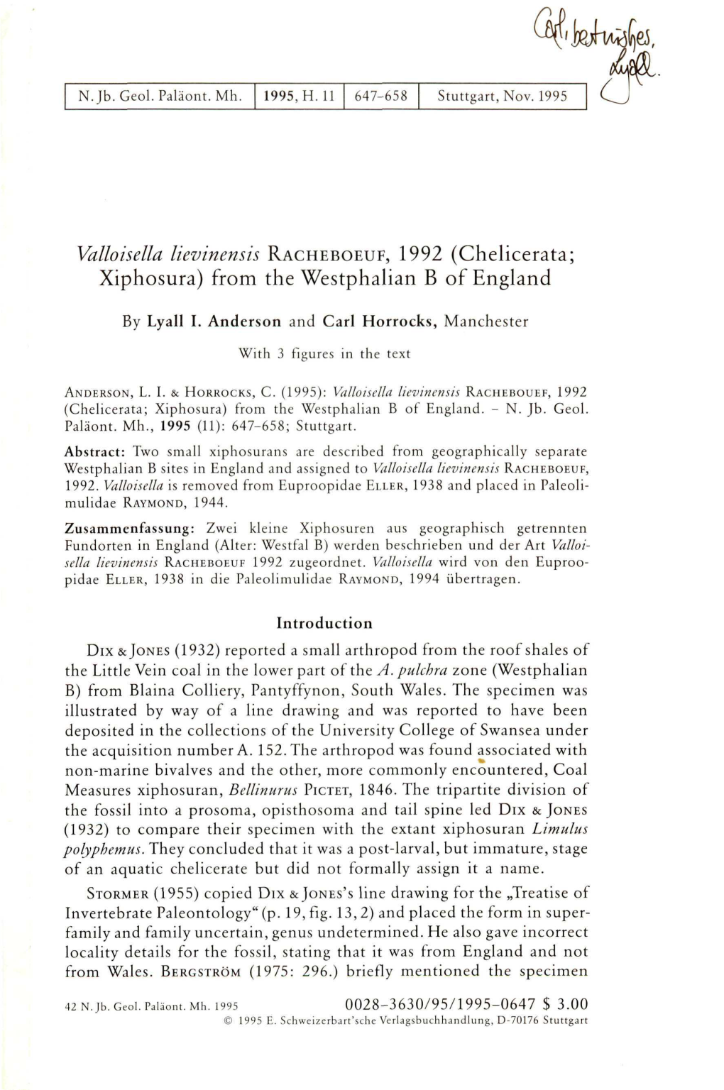 Valloisella Lievinensis RACHEBOEUF, 1992 (Chelicerata; Xiphosura) from the Westphalian B of England