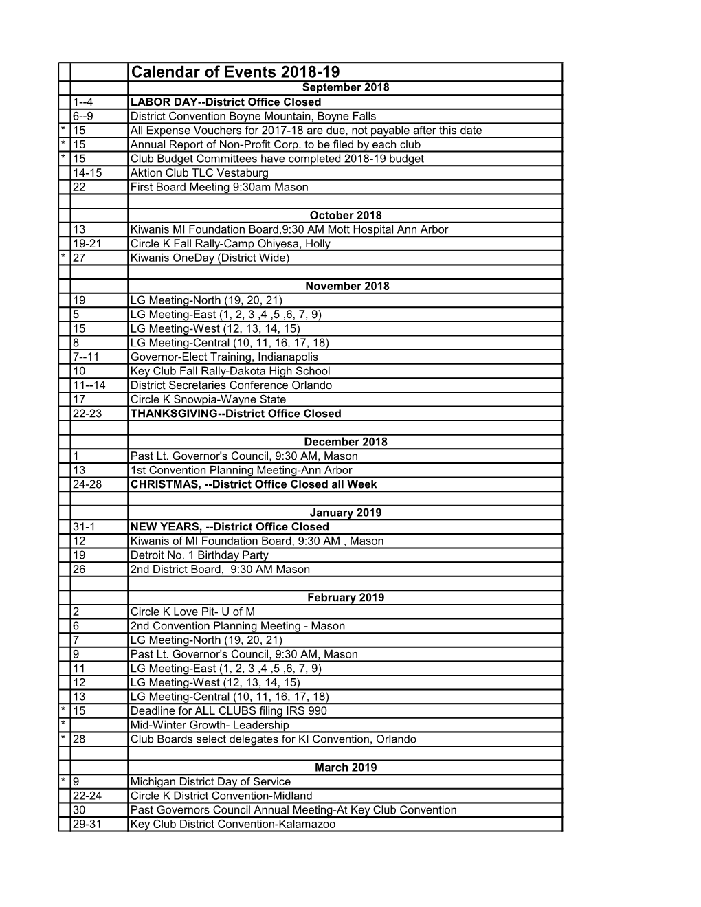 CA Calendar of Events 2018-19