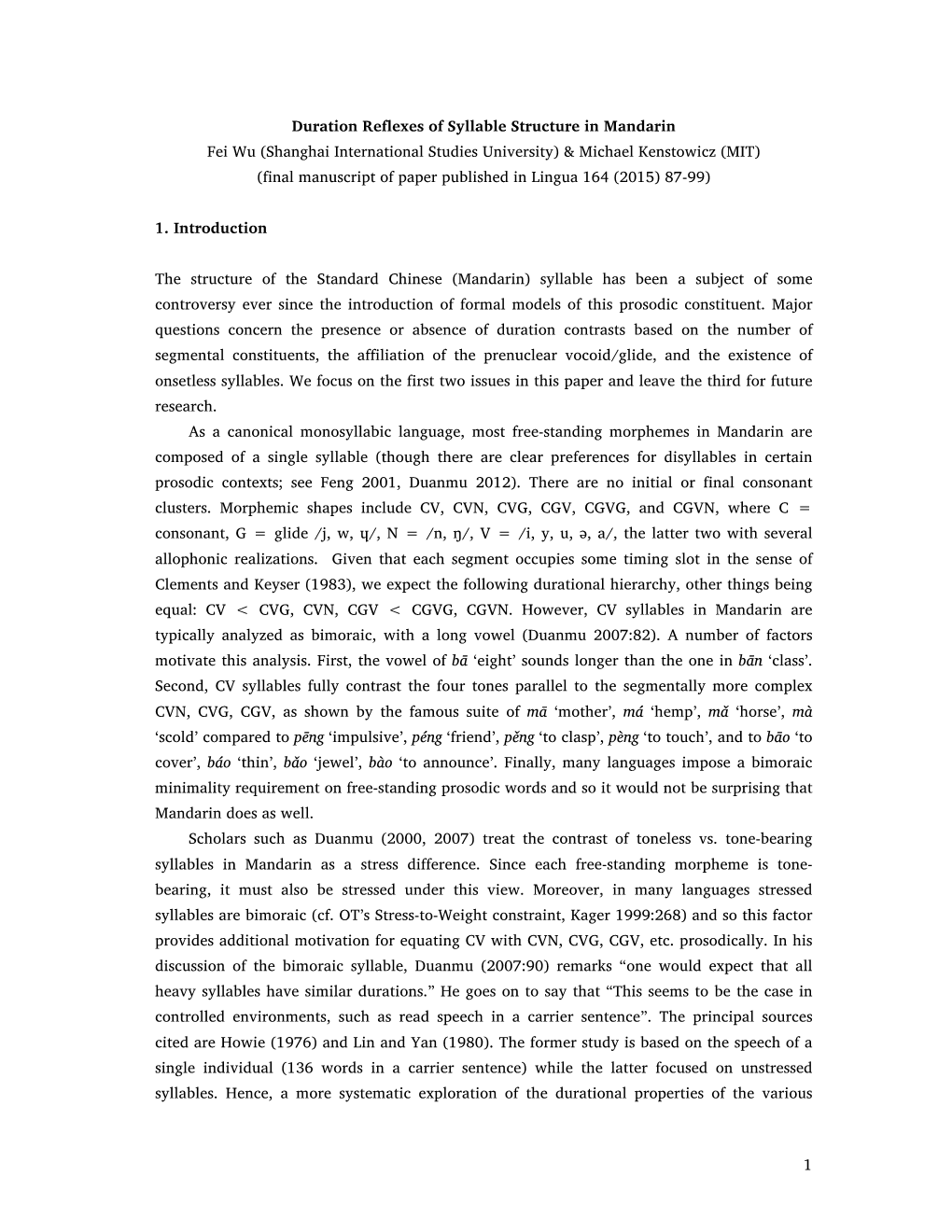 Duration Reflexes of Syllable Structure in Mandarin