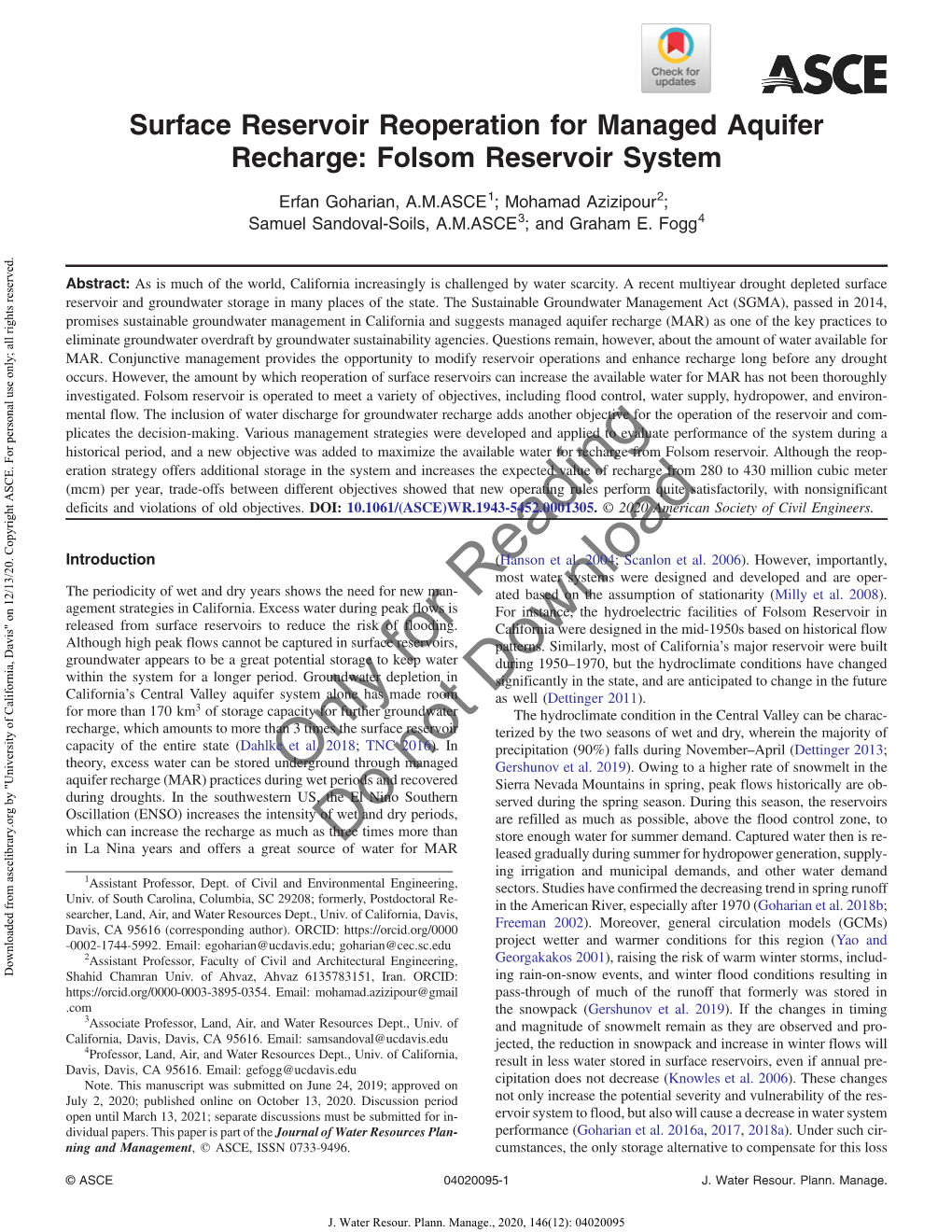 Surface Reservoir Reoperation for Managed Aquifer Recharge: Folsom Reservoir System