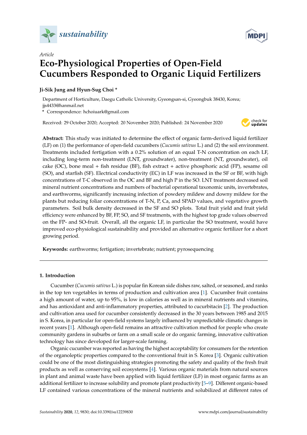 Eco-Physiological Properties of Open-Field Cucumbers Responded to Organic Liquid Fertilizers