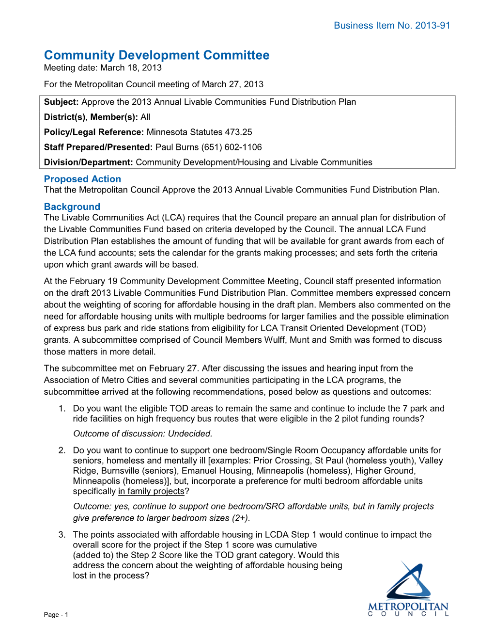 2013 Annual Livable Communities Fund Distribution Plan