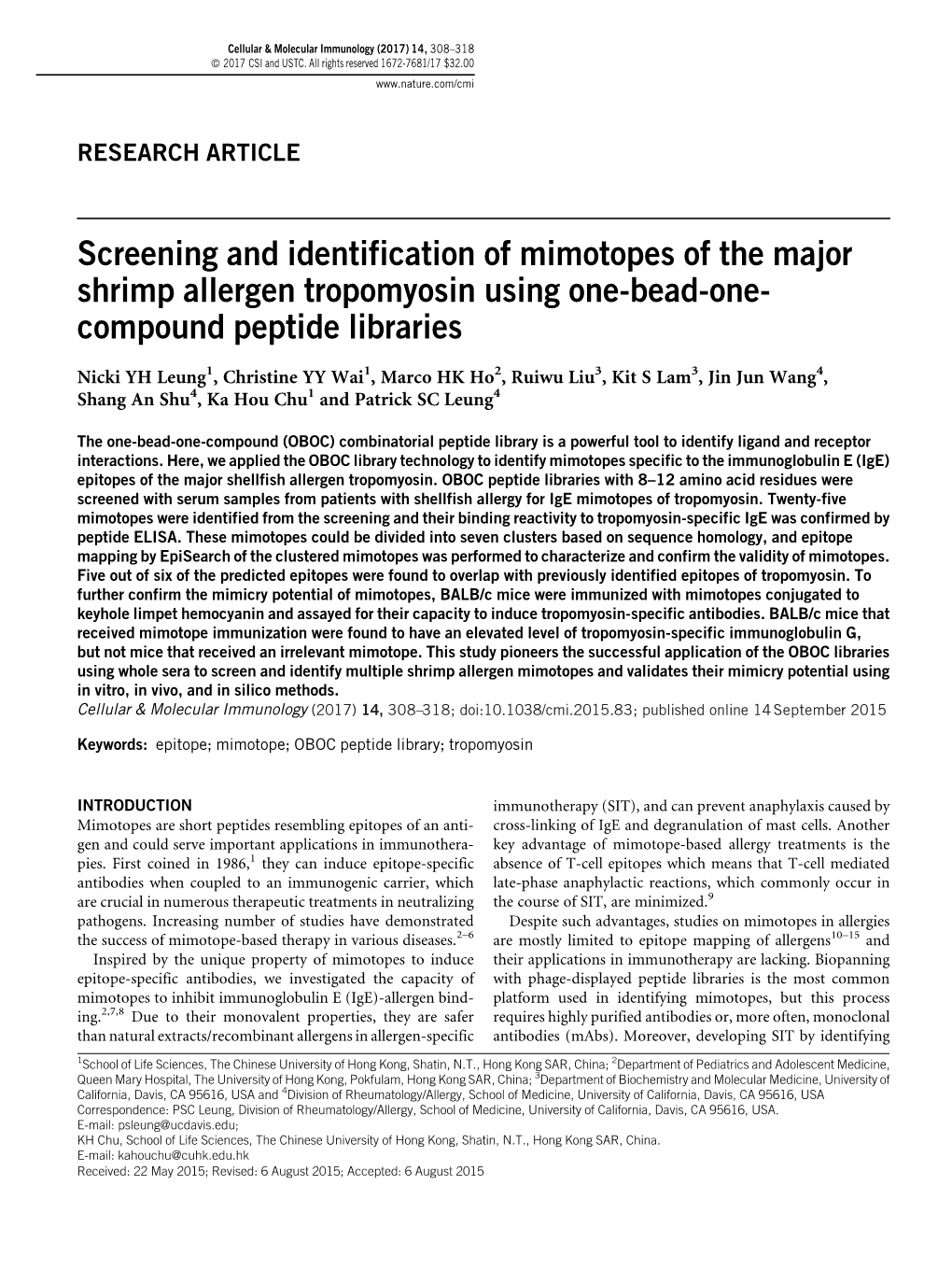 Screening and Identification of Mimotopes of the Major Shrimp Allergen Tropomyosin Using One-Bead-One-Compound Peptide Libraries