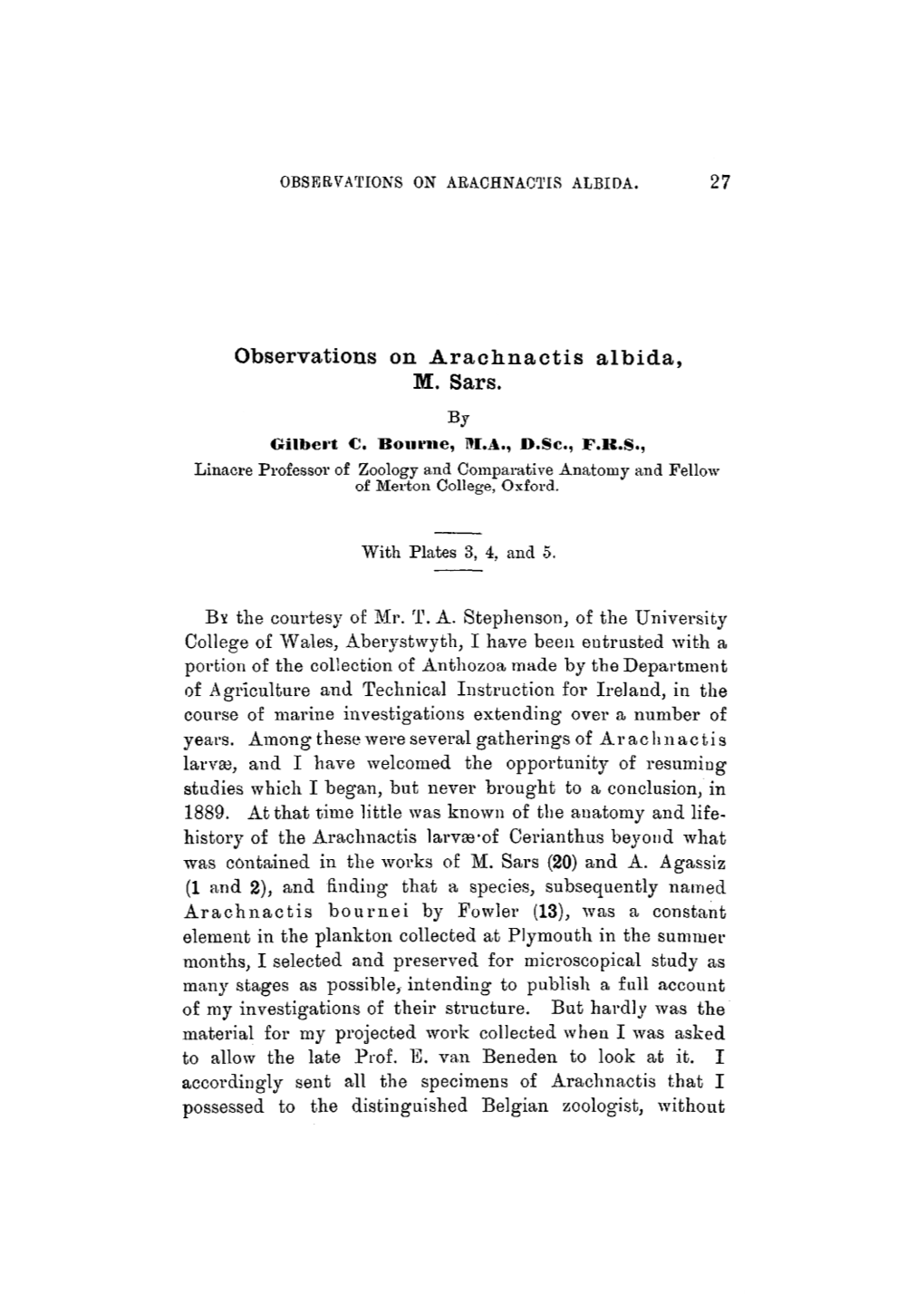 Observations on Aracknactis Albida, M. Sars. by Oilbert €