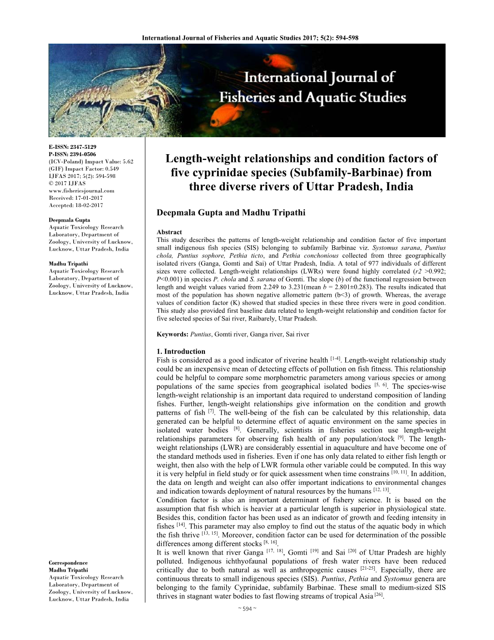 Length-Weight Relationships and Condition Factors of Five Cyprinidae Species (Subfamily-Barbinae) from Three Diverse Rivers of U