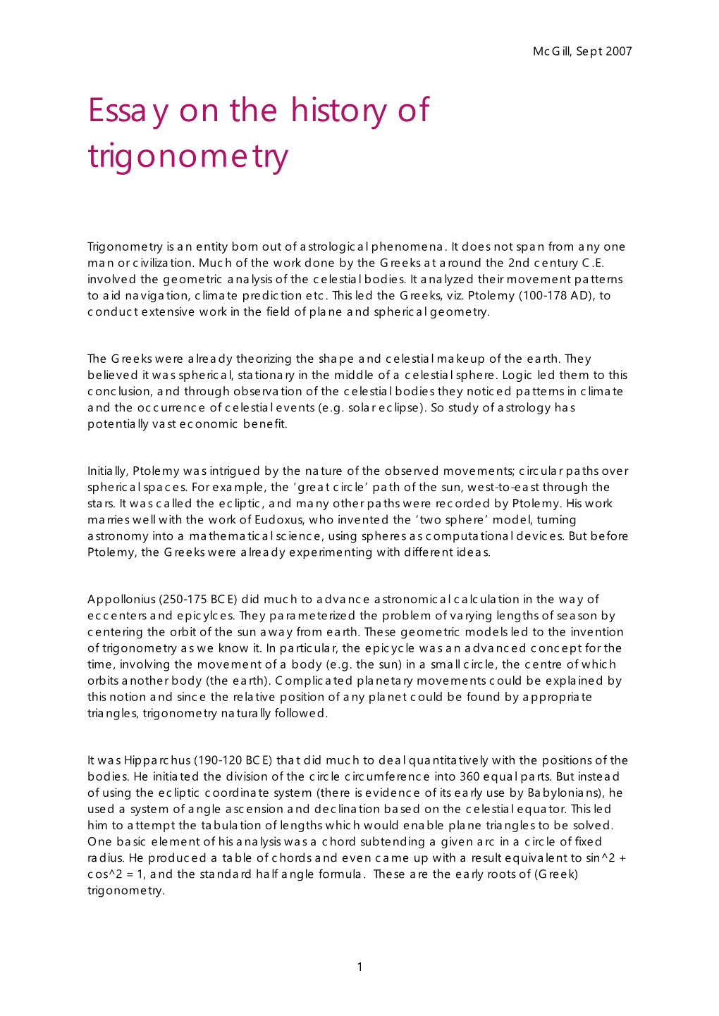 Essay on the History of Trigonometry