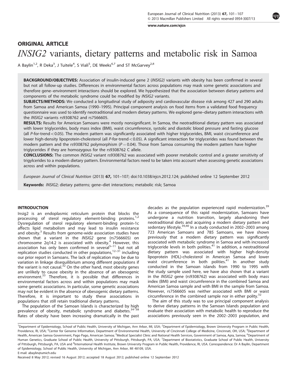INSIG2 Variants, Dietary Patterns and Metabolic Risk in Samoa