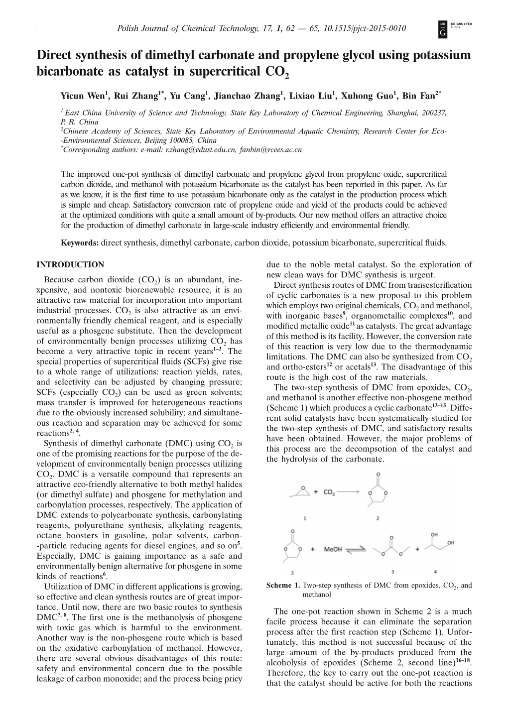 Direct Synthesis of Dimethyl Carbonate and Propylene Glycol Using Potassium Bicarbonate As Catalyst in Supercritical CO2