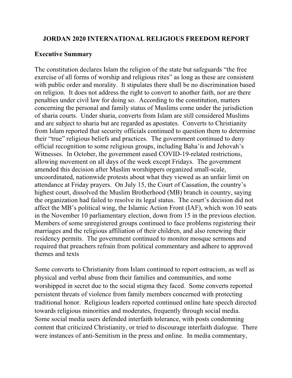 Jordan 2020 International Religious Freedom Report