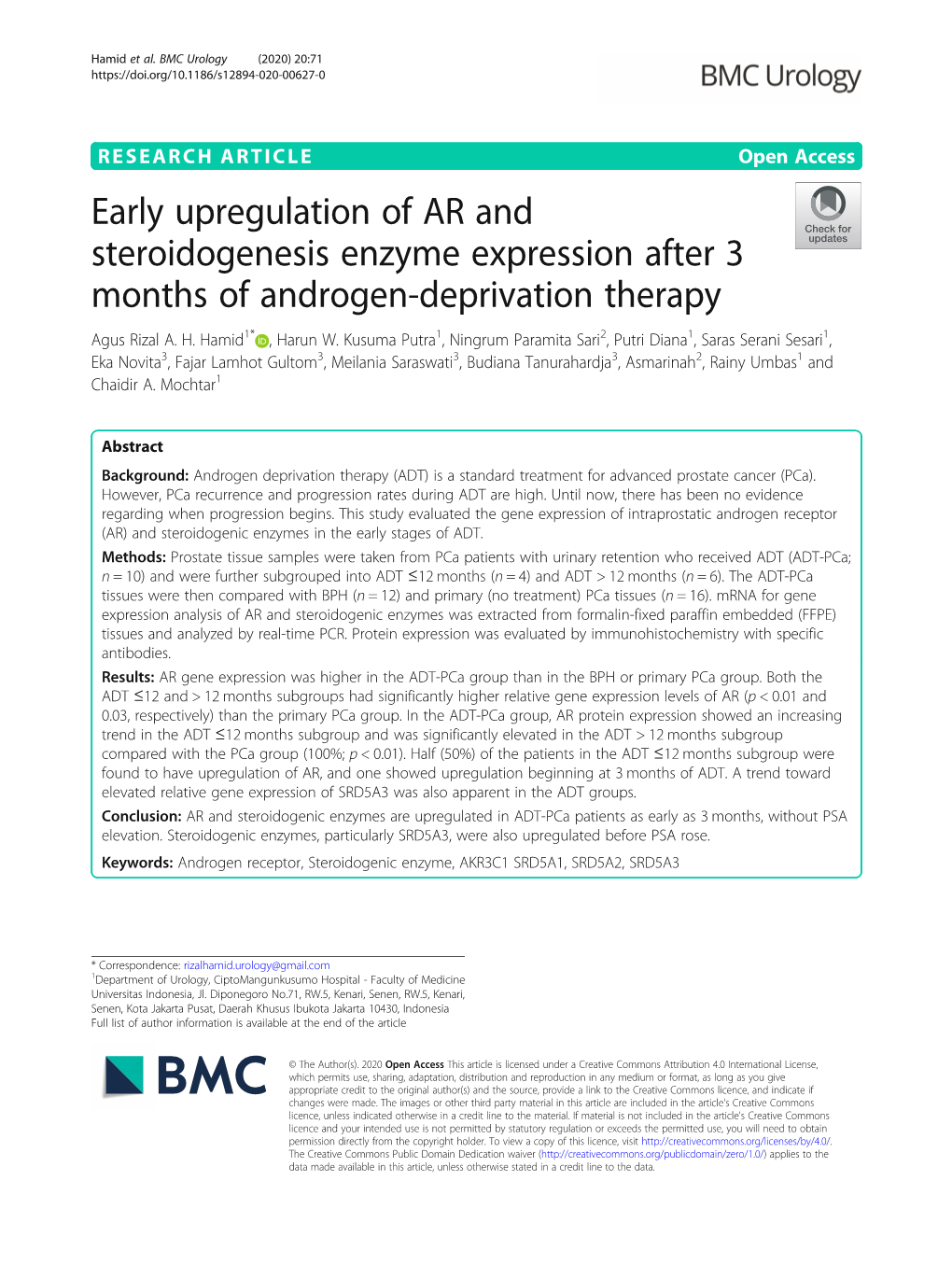 Early Upregulation of AR and Steroidogenesis Enzyme Expression After 3 Months of Androgen-Deprivation Therapy Agus Rizal A