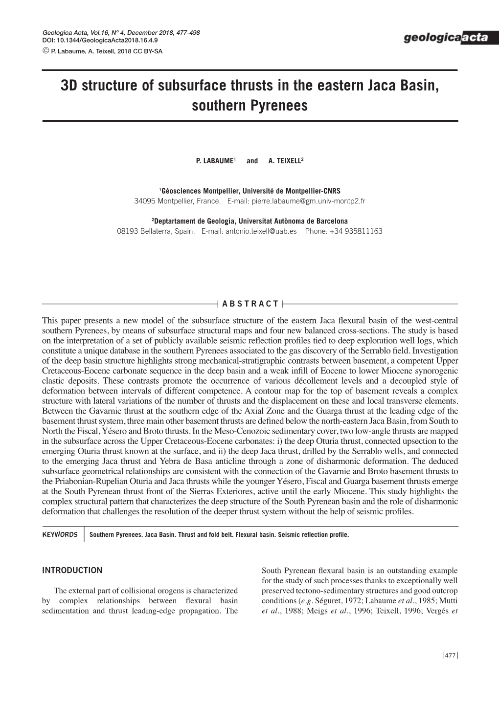 3D Structure of Subsurface Thrusts in the Eastern Jaca Basin, Southern Pyrenees