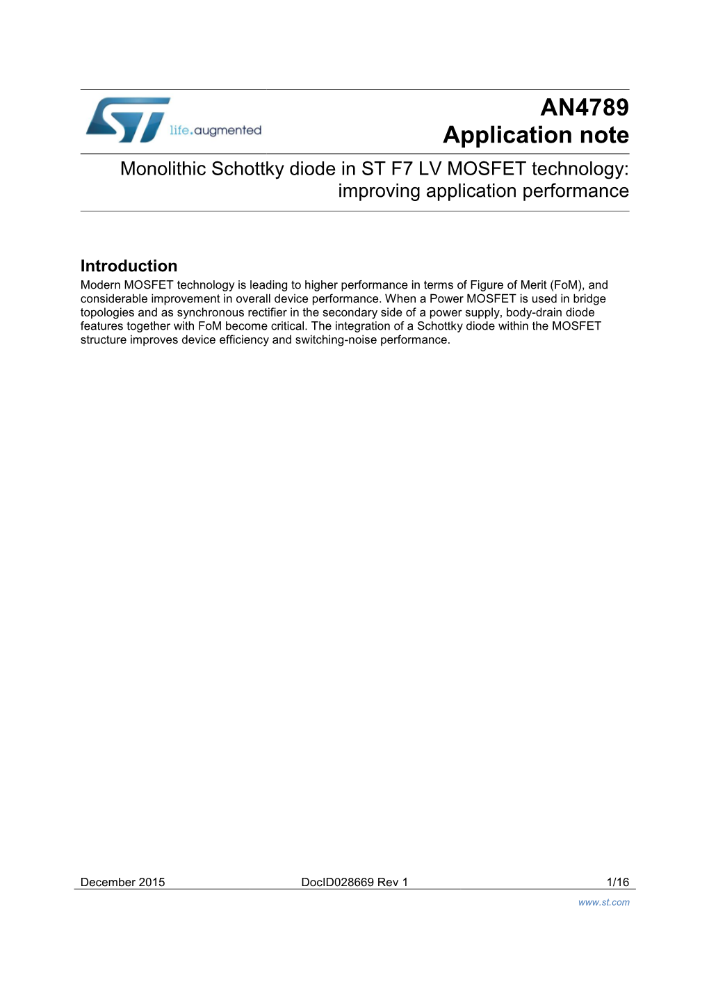 Monolithic Schottky Diode in ST F7 LV MOSFET Technology: Improving Application Performance