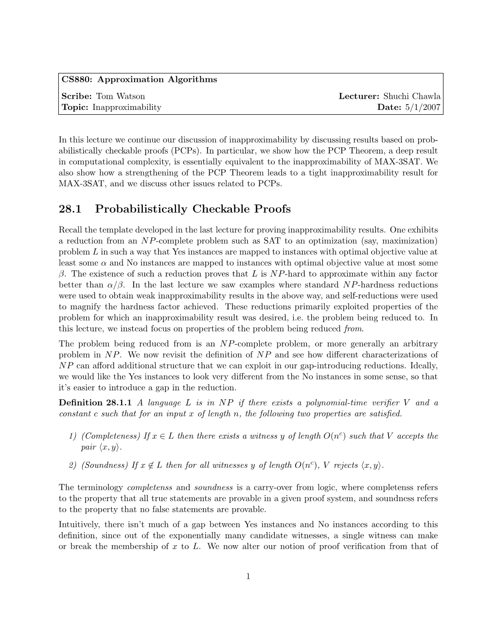 28.1 Probabilistically Checkable Proofs