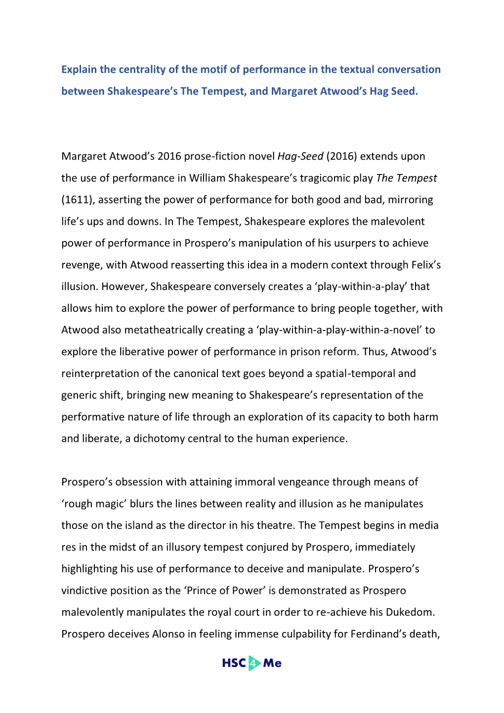 Explain the Centrality of the Motif of Performance in the Textual Conversation Between Shakespeare's the Tempest, and Margaret