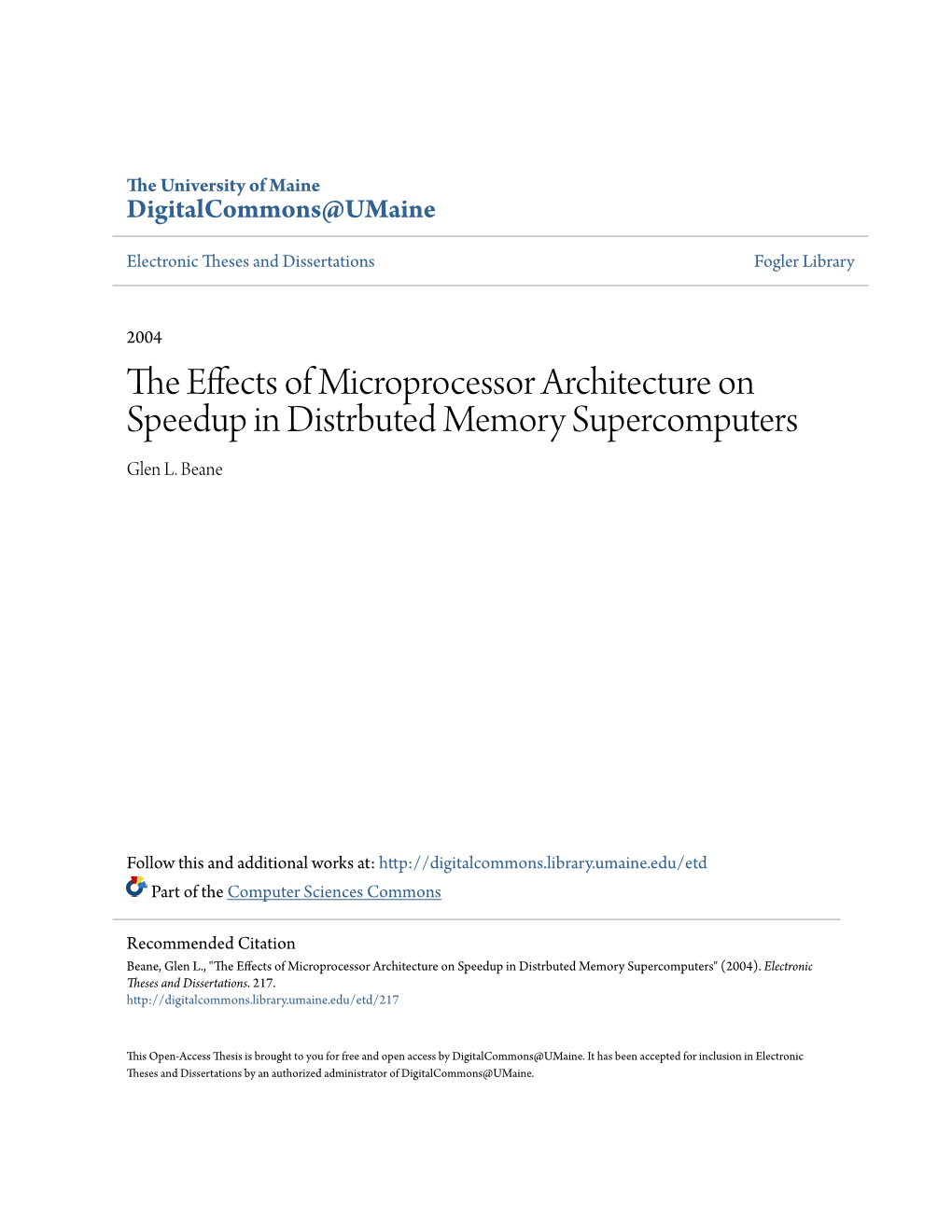 The Effects of Microprocessor Architecture on Speedup in Distrbuted Memory Supercomputers" (2004)