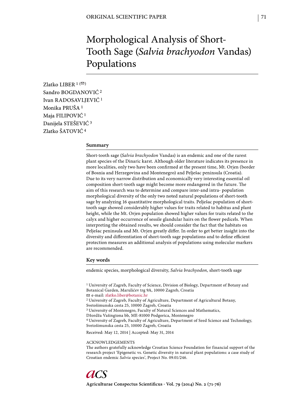 Morphological Analysis of Short- Tooth Sage (Salvia Brachyodon Vandas) Populations