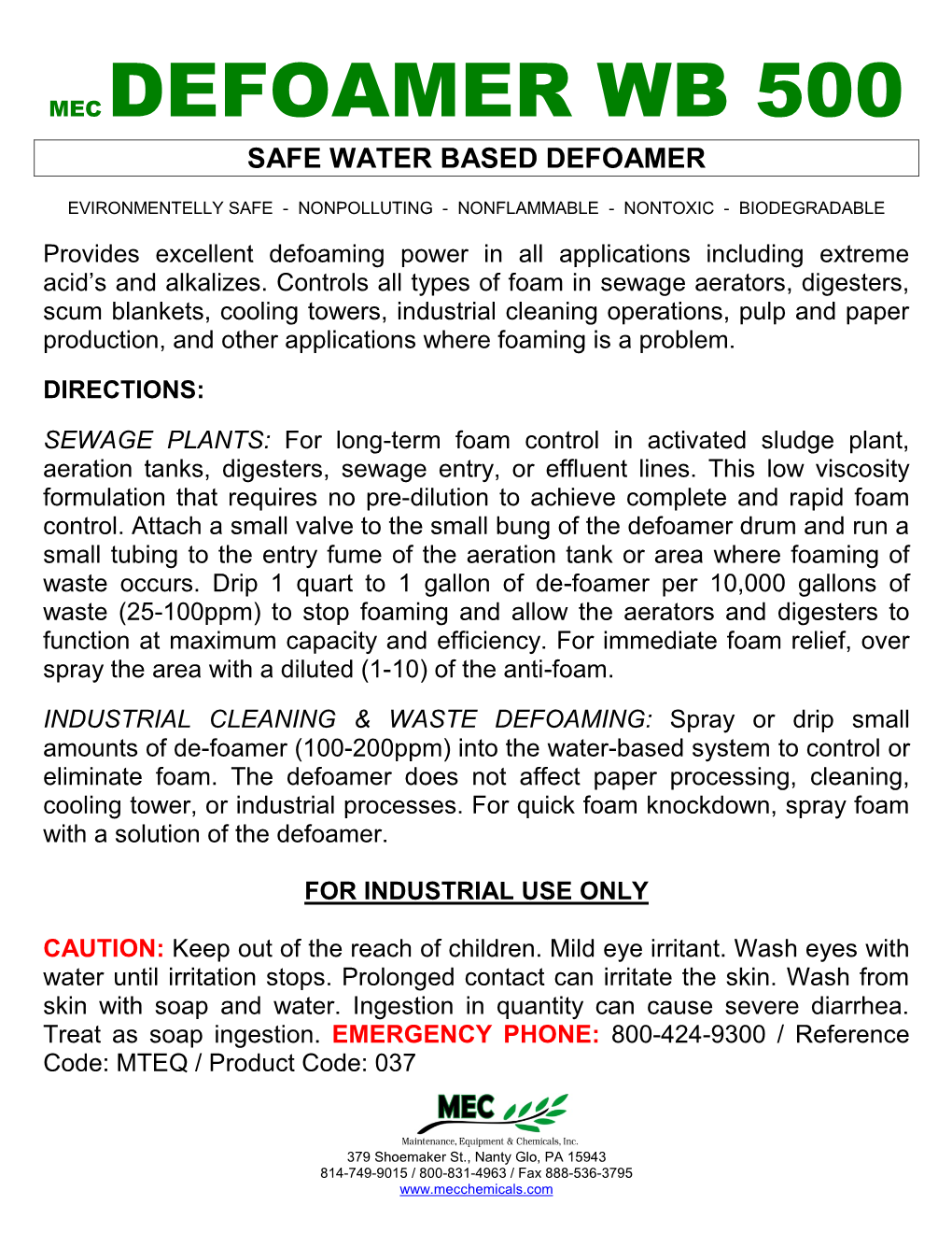 Mec Defoamer Wb 500 Safe Water Based Defoamer