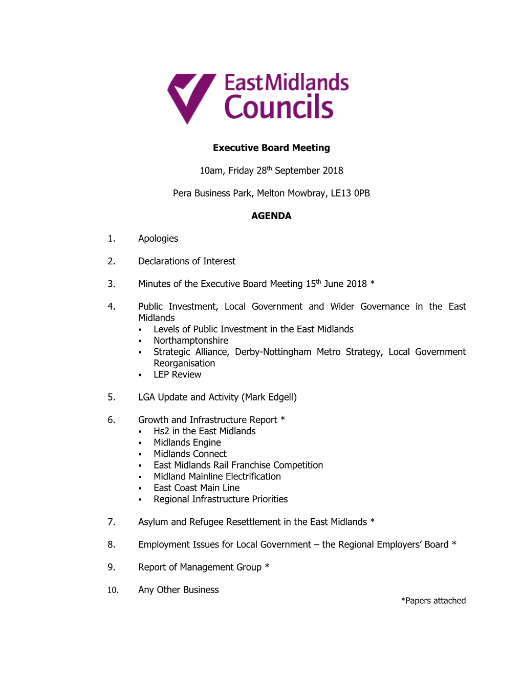 Executive Board Meeting 10Am, Friday 28Th September 2018 Pera Business Park, Melton Mowbray, LE13 0PB AGENDA 1. Apologies 2