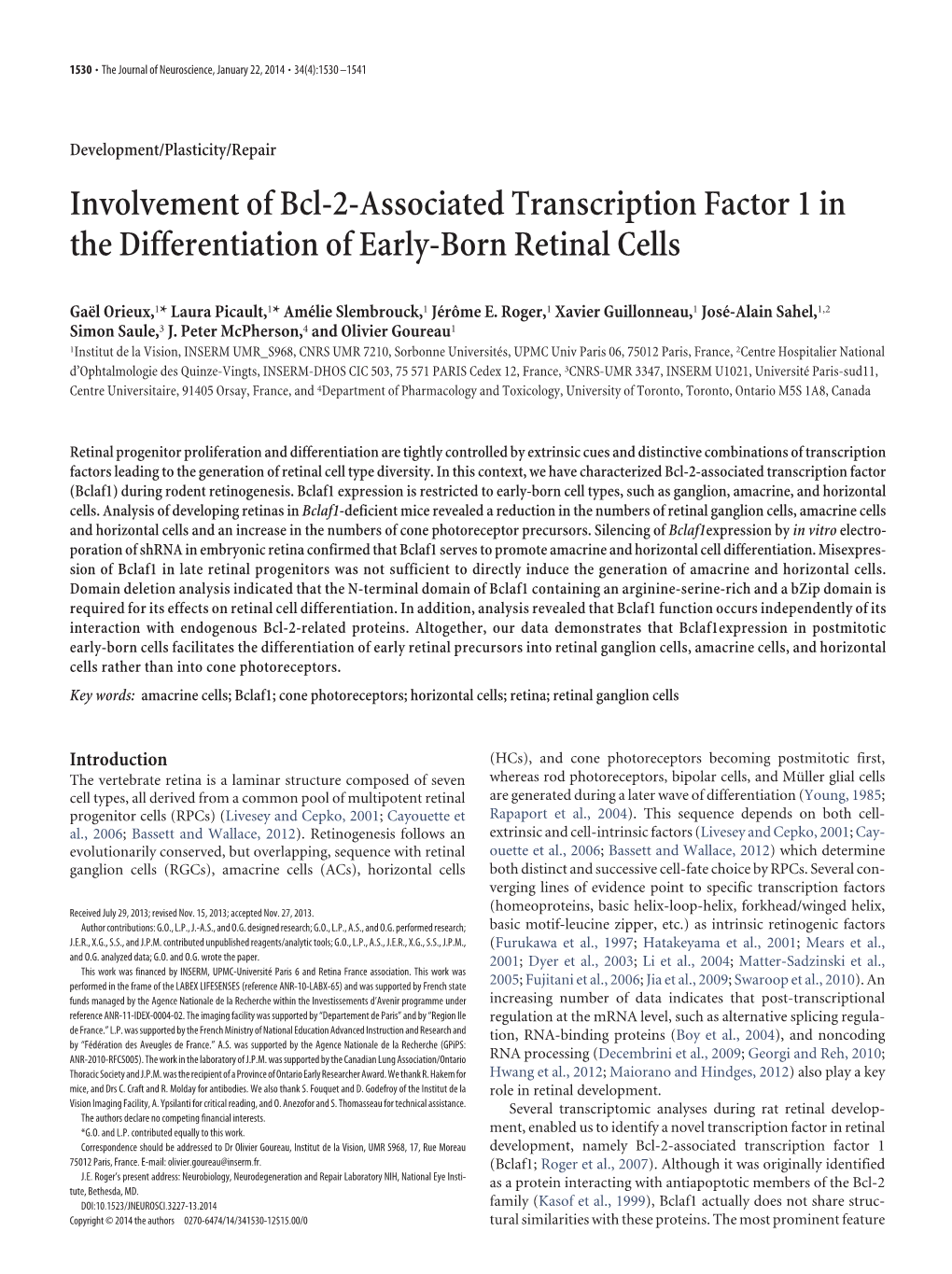 Involvement of Bcl-2-Associated Transcription Factor 1 in the Differentiation of Early-Born Retinal Cells