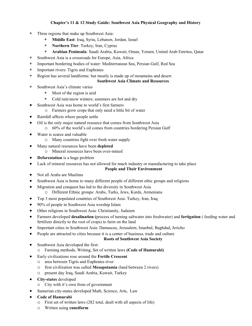 Chapter S 11 & 12 Study Guide: Southwest Asia Physical Geography and History