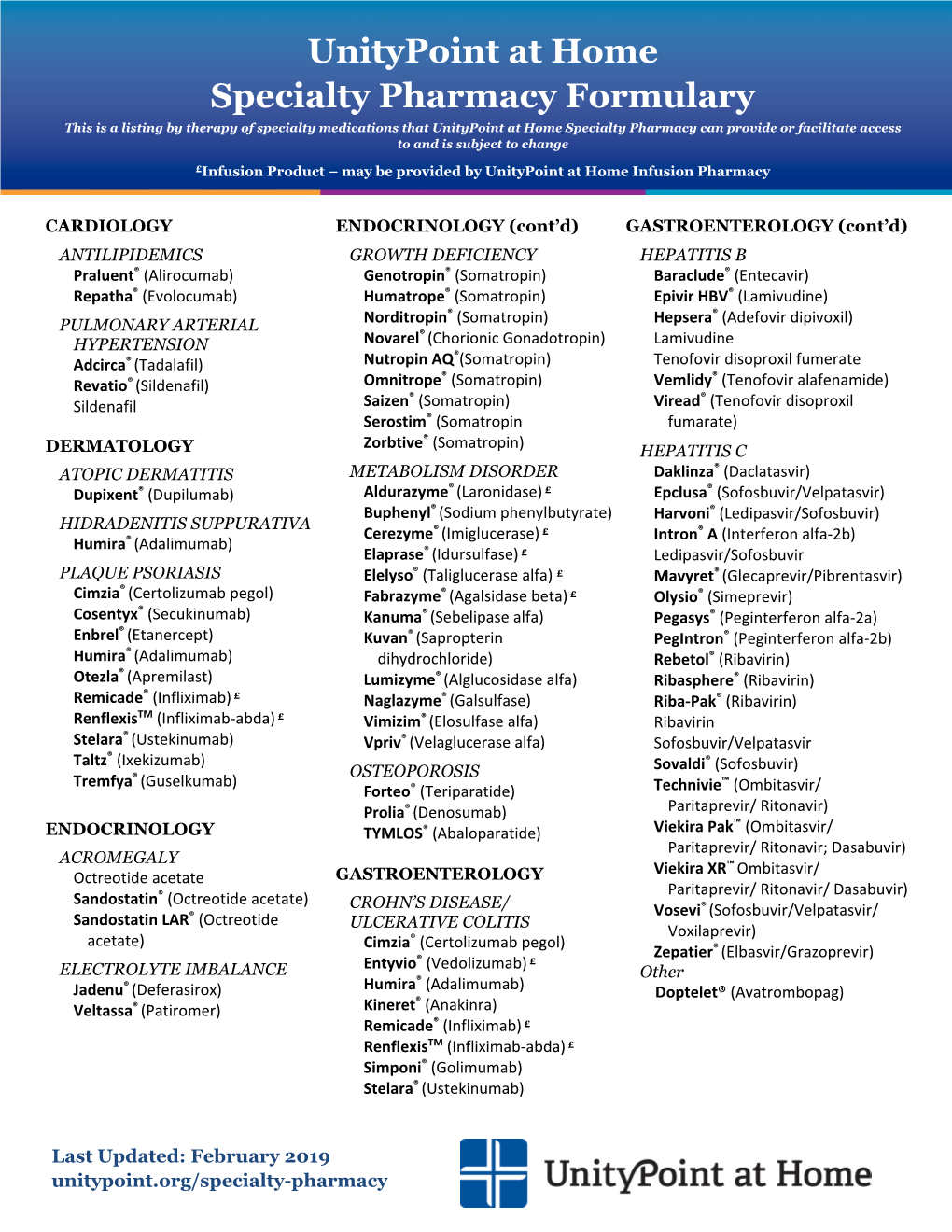 Specialty Medications That Unitypoint at Home Specialty Pharmacy Can Provide Or Facilitate Access to and Is Subject to Change