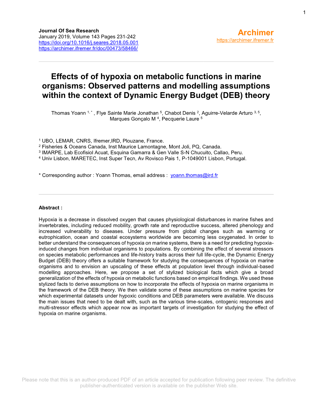 Effects of Hypoxia on Metabolic Functions in Marine Organisms: Observed Patterns and Modelling Assumptions Within the Context Of