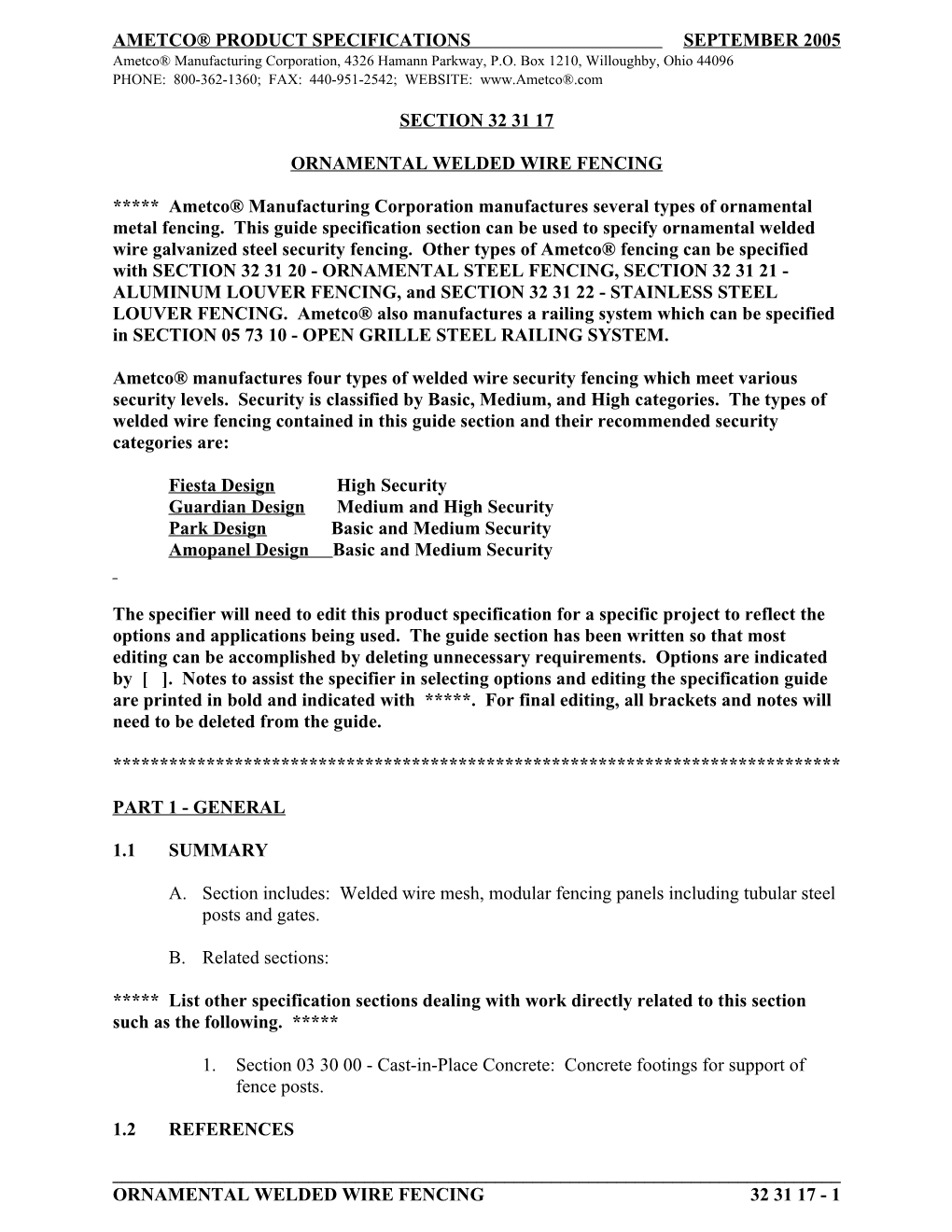 Ametco Product Specifications September 2005