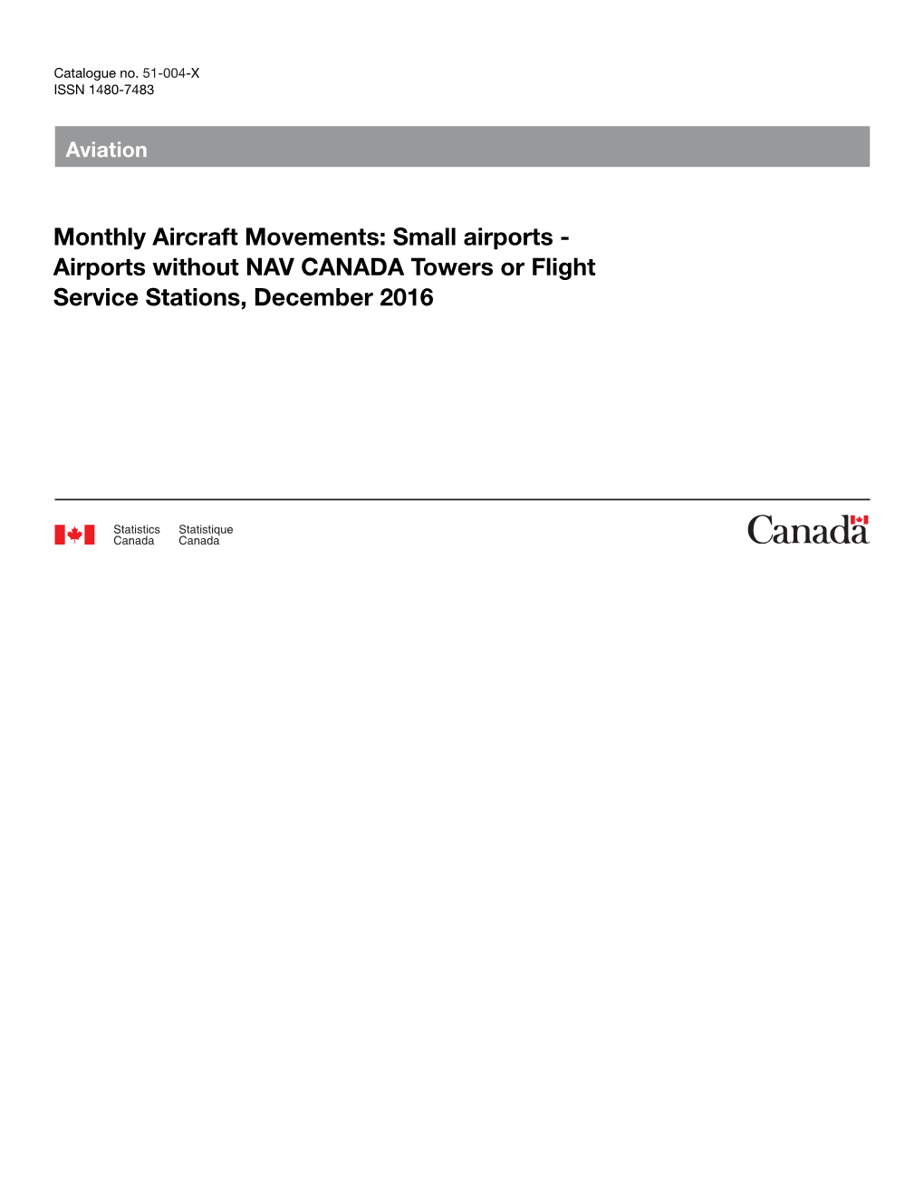 Monthly Aircraft Movements: Small Airports - Airports Without NAV CANADA Towers Or Flight Service Stations, December 2016