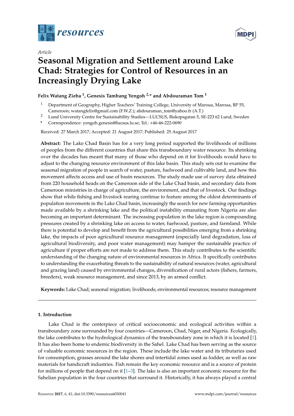 Seasonal Migration and Settlement Around Lake Chad: Strategies for Control of Resources in an Increasingly Drying Lake