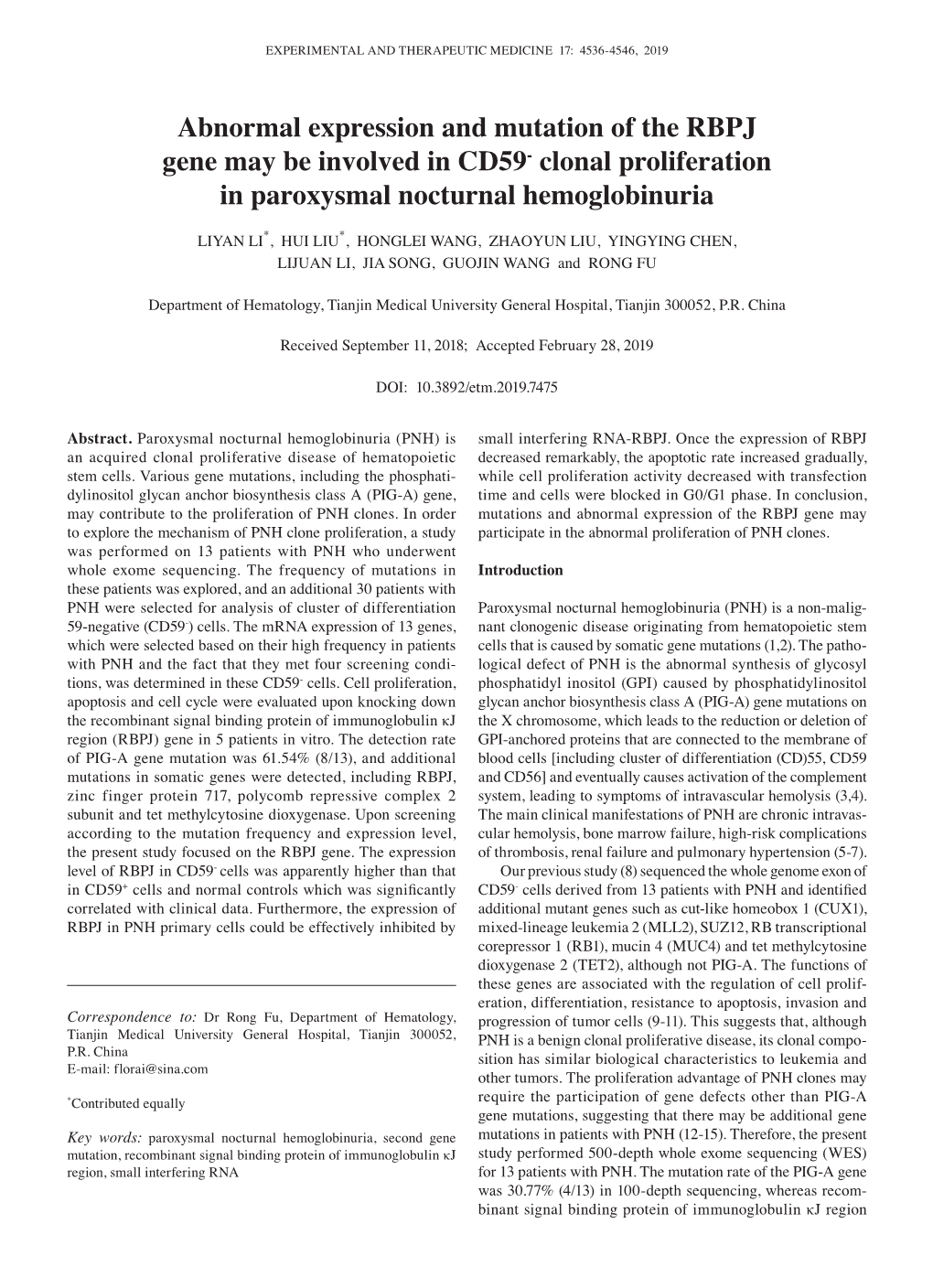 Abnormal Expression and Mutation of the RBPJ Gene May Be Involved in CD59‑ Clonal Proliferation in Paroxysmal Nocturnal Hemoglobinuria