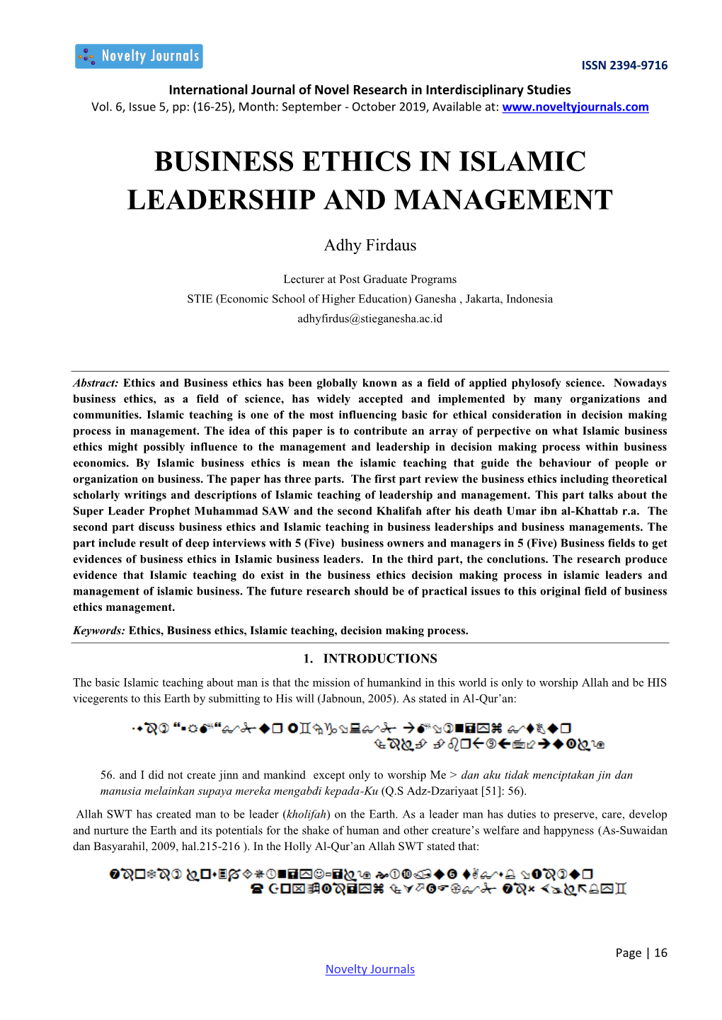 Business Ethics in Islamic Leadership and Management