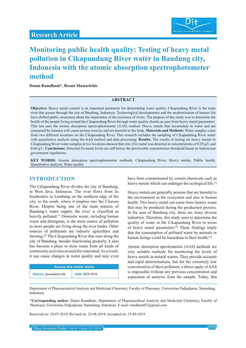 Testing of Heavy Metal Pollution in Cikapundung River Water In