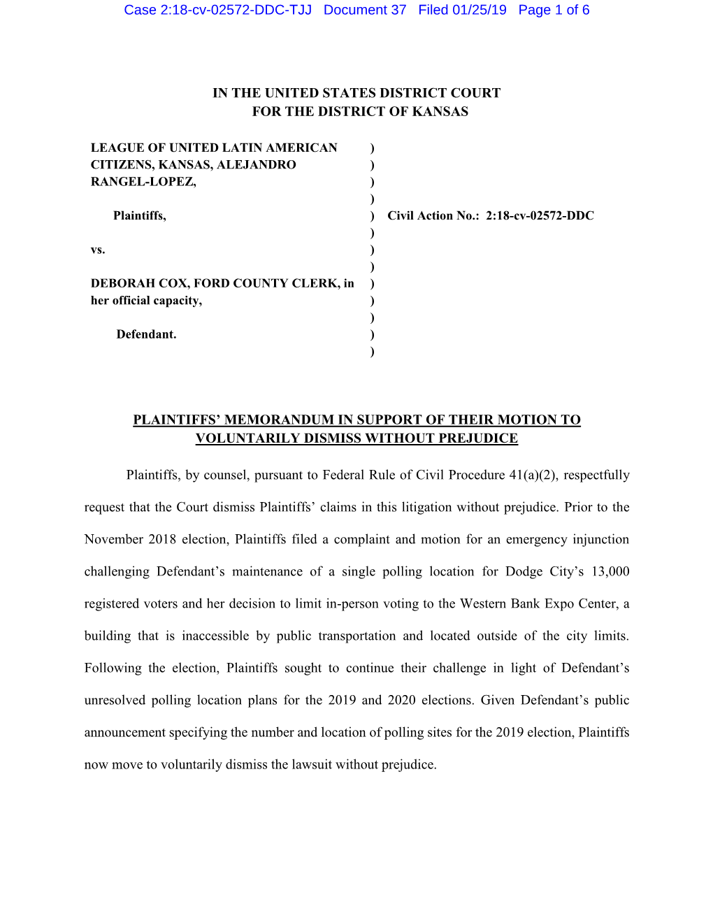 In the United States District Court for the District of Kansas Plaintiffs' Memorandum in Support of Their Motion to Voluntaril