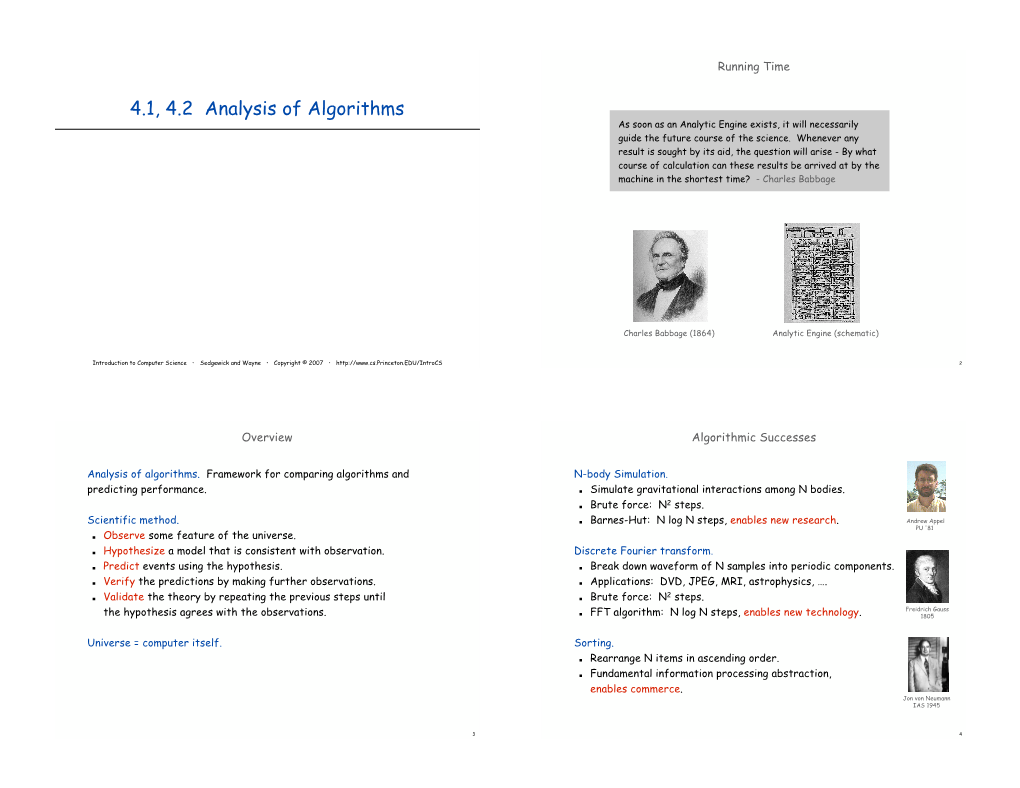 4.1, 4.2 Analysis of Algorithms As Soon As an Analytic Engine Exists, It Will Necessarily Guide the Future Course of the Science