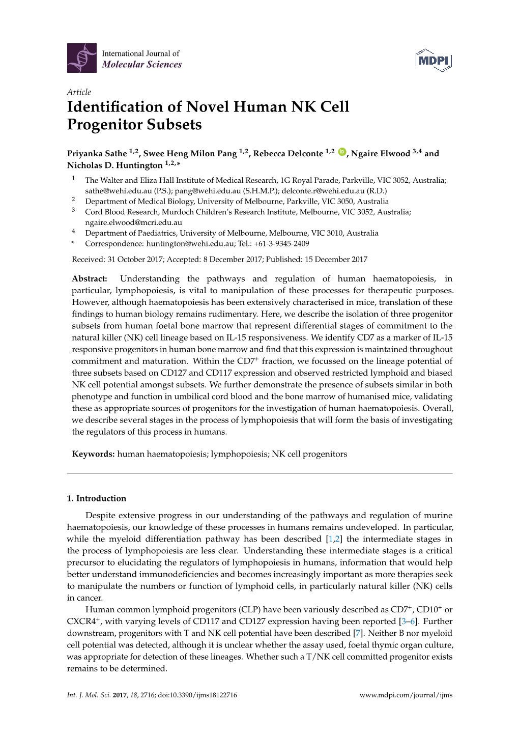 Identification of Novel Human NK Cell Progenitor Subsets