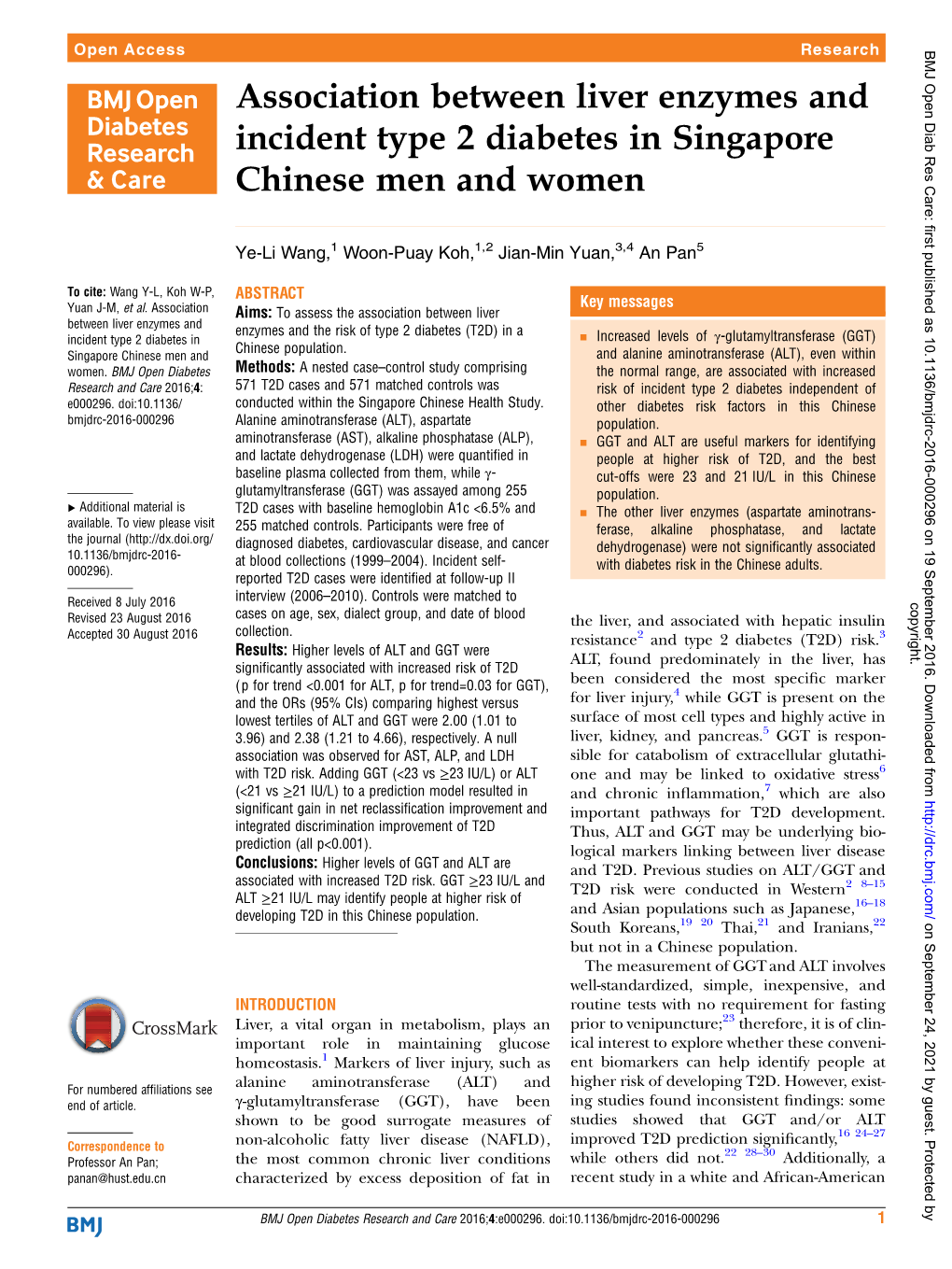 Association Between Liver Enzymes and Incident Type 2 Diabetes in Singapore Chinese Men and Women