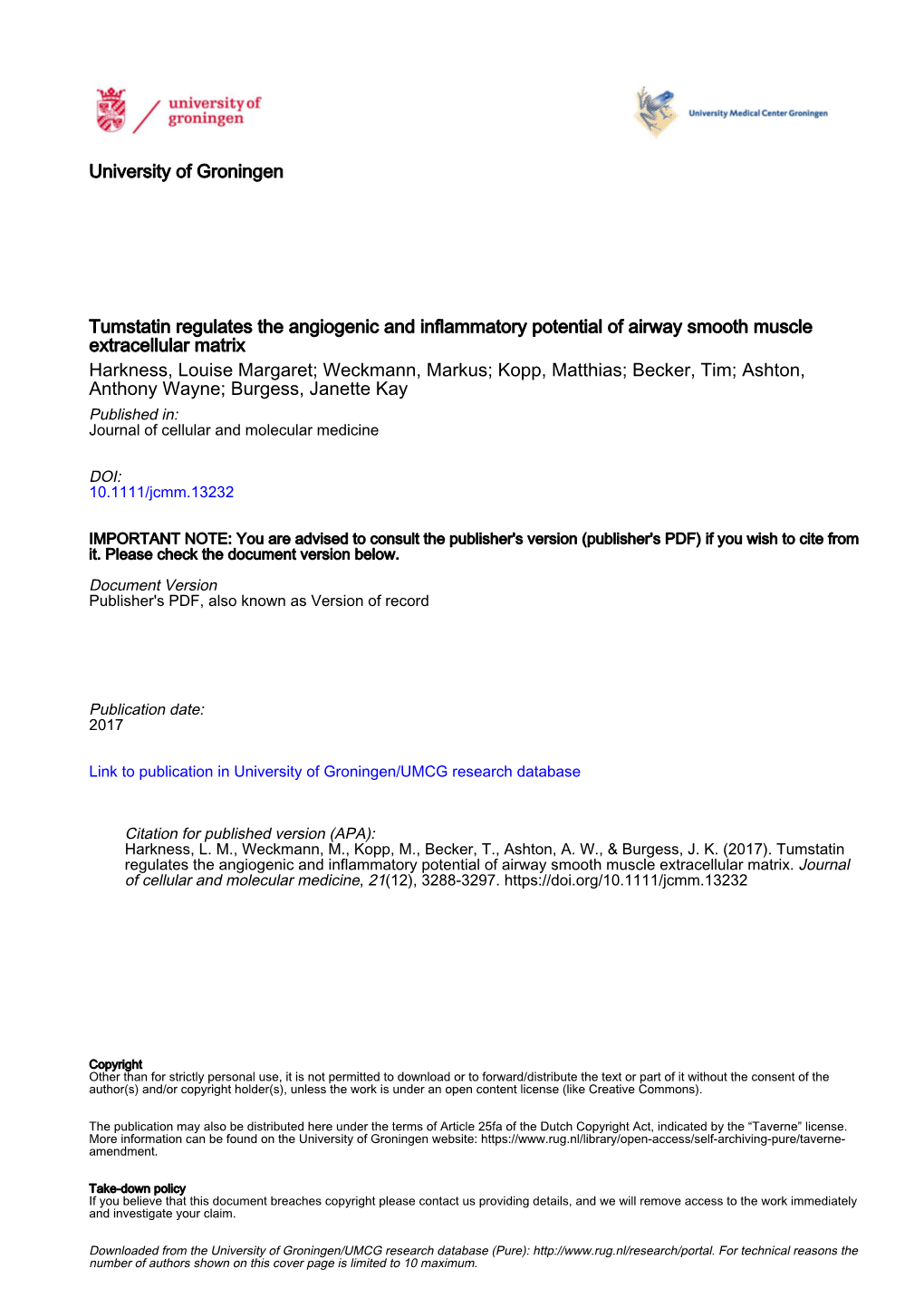 Tumstatin Regulates the Angiogenic and Inflammatory Potential Of