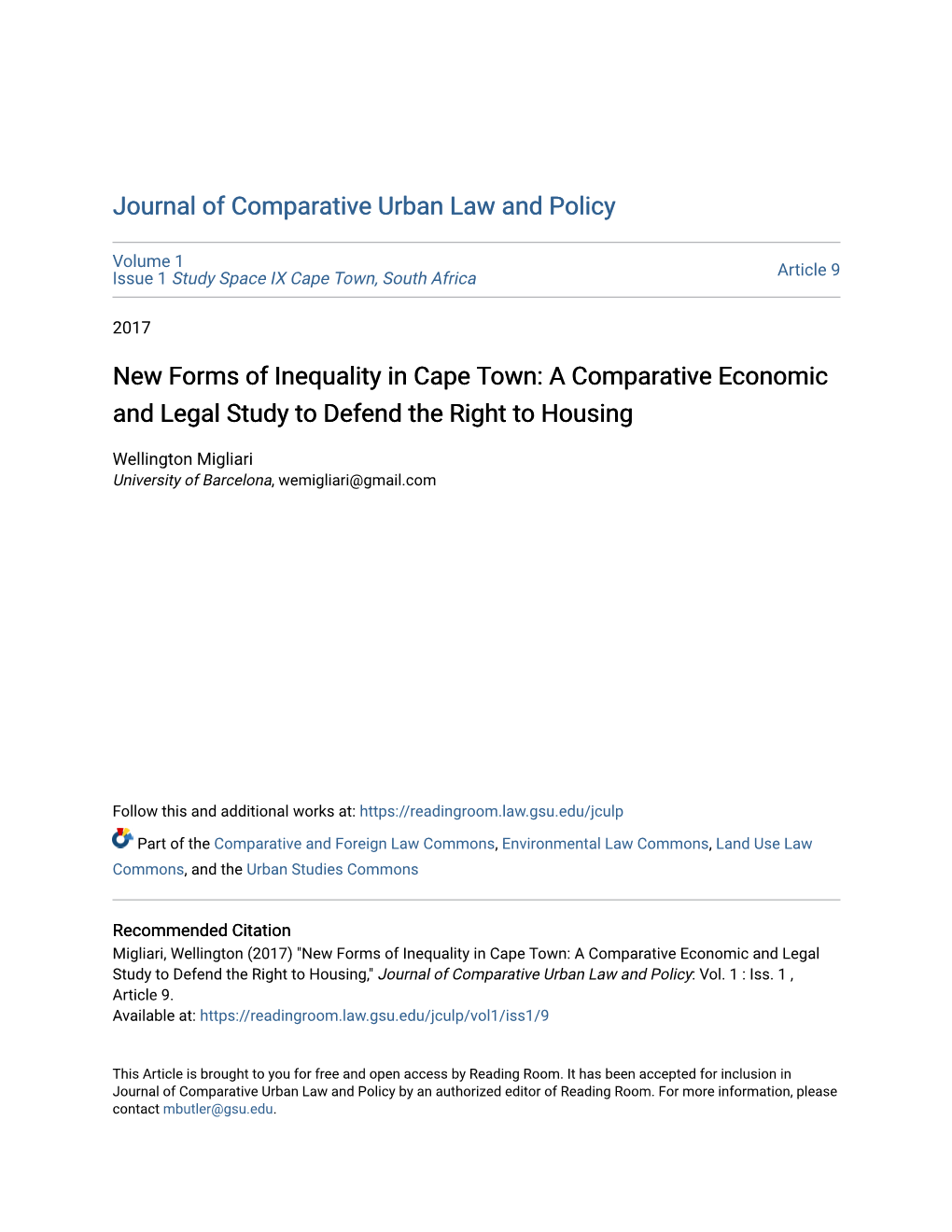 New Forms of Inequality in Cape Town: a Comparative Economic and Legal Study to Defend the Right to Housing