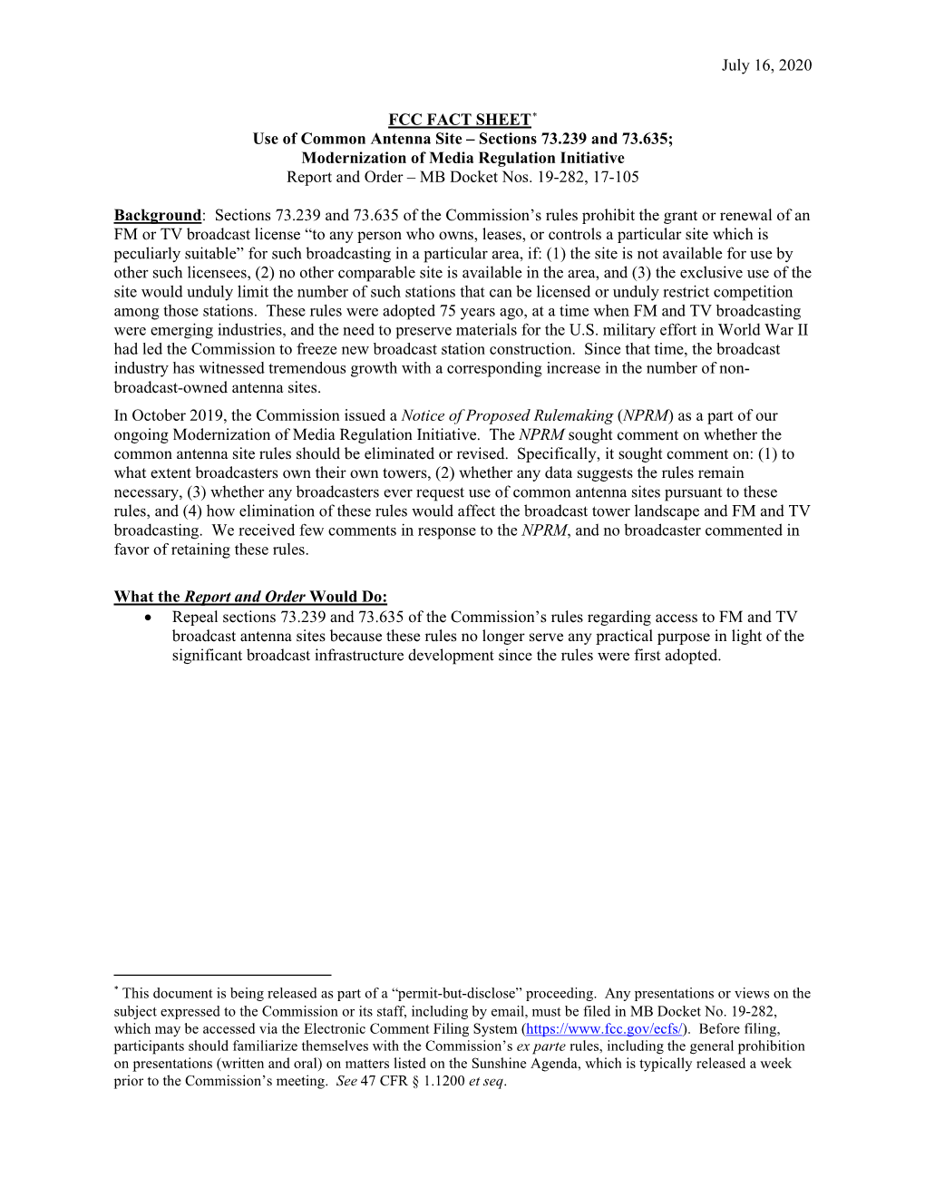 July 16, 2020 FCC FACT SHEET* Use of Common Antenna Site