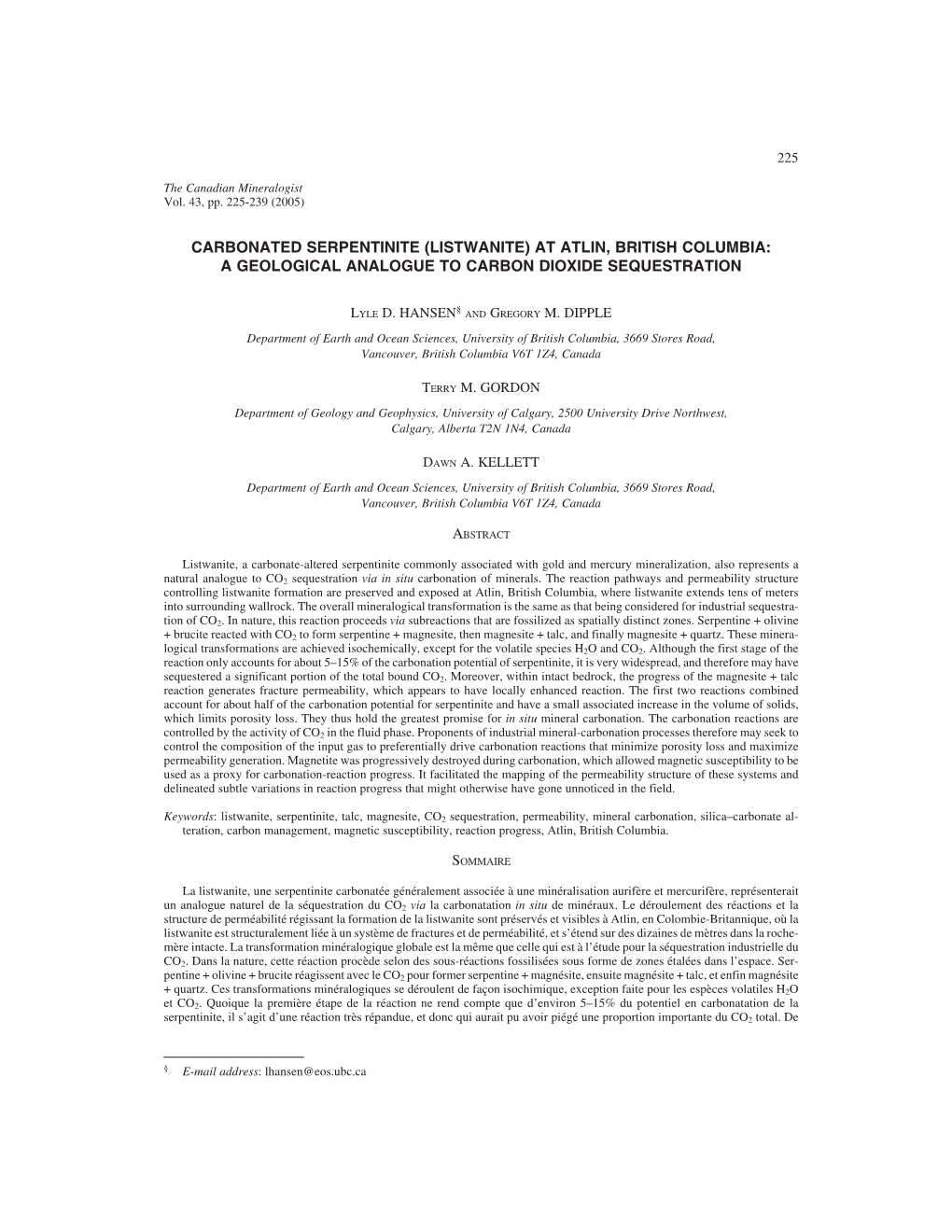 Carbonated Serpentinite (Listwanite) at Atlin, British Columbia: a Geological Analogue to Carbon Dioxide Sequestration