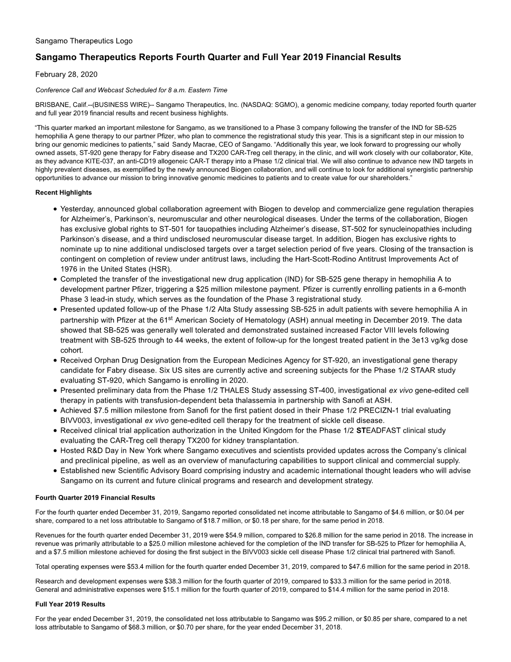 Sangamo Therapeutics Reports Fourth Quarter and Full Year 2019 Financial Results