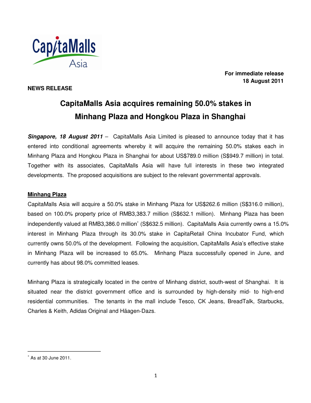 Capitamalls Asia Acquires Remaining 50.0% Stakes in Minhang Plaza and Hongkou Plaza in Shanghai