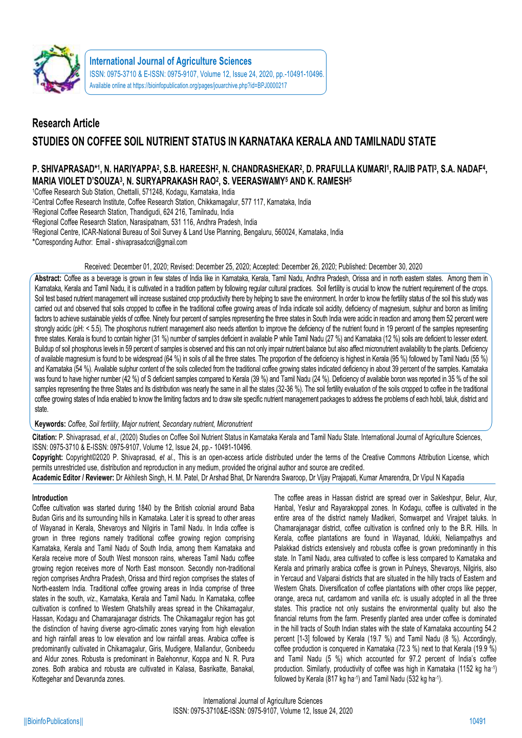 Research Article STUDIES on COFFEE SOIL NUTRIENT STATUS in KARNATAKA KERALA and TAMILNADU STATE